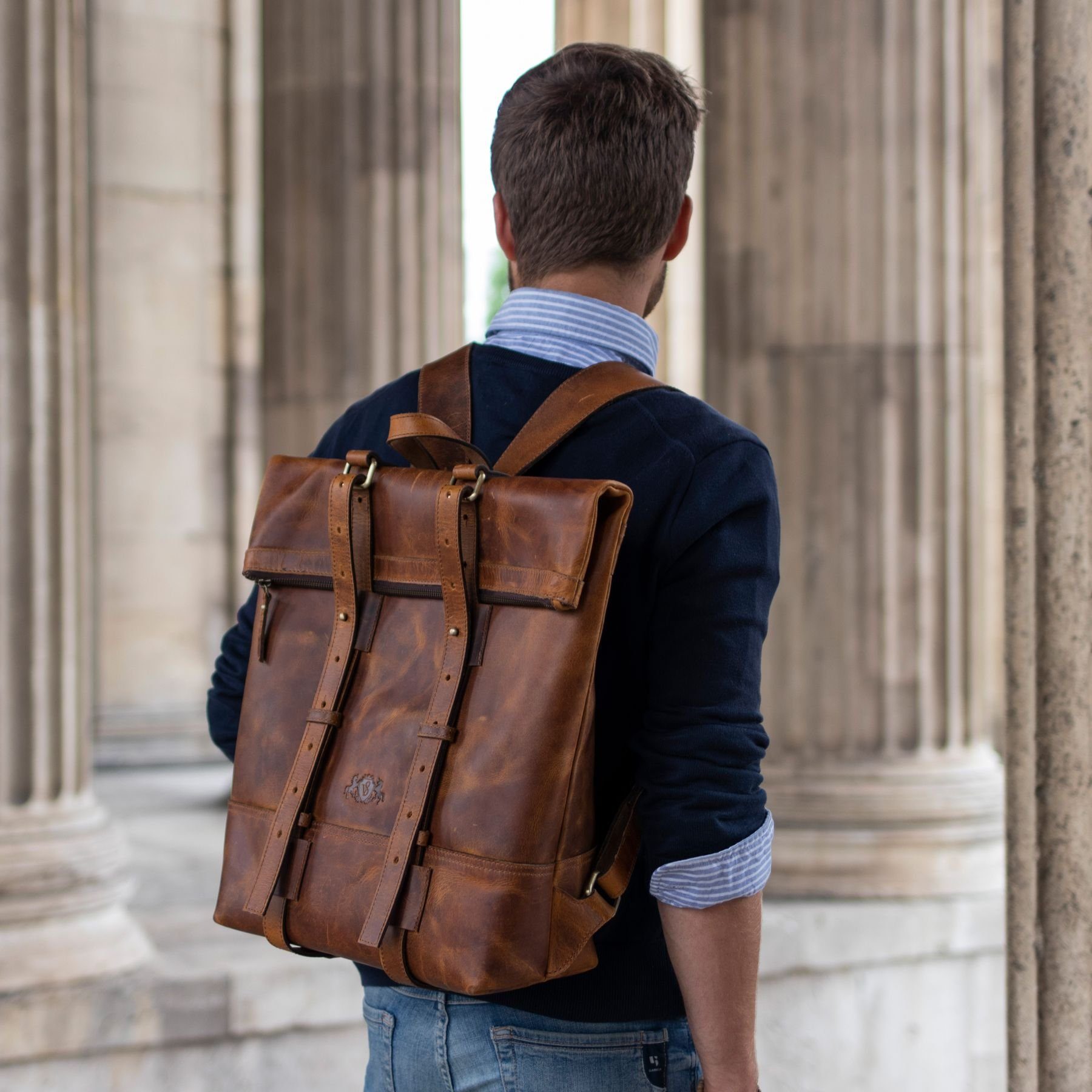 SID & VAIN Rucksack echt Leder Rucksack groß 15 Zoll Laptop Fach braun, Tagesrucksack Roll-Top Echtleder Damen Herren Vintage-hellbraun