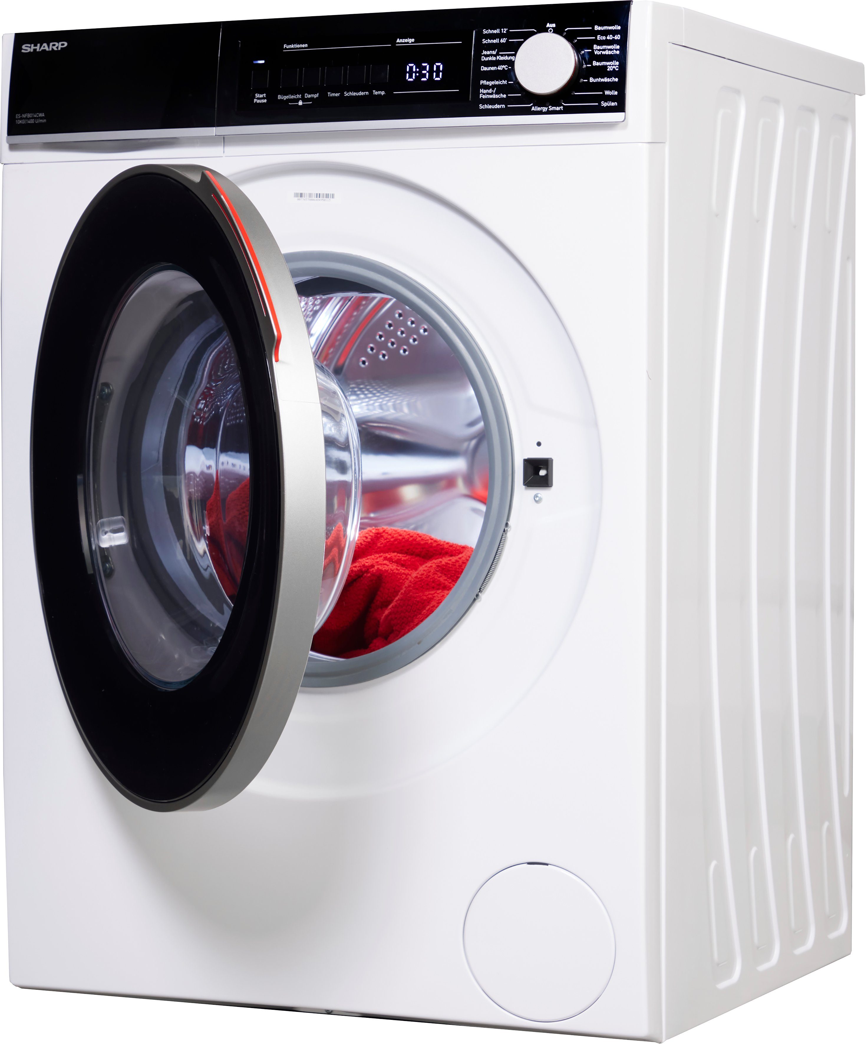 Sharp Waschmaschine und Programmknebel 10 mit SoftTouch-Bedienung ES-NFB014CWA-DE, 1400 LED-Display kg, U/min
