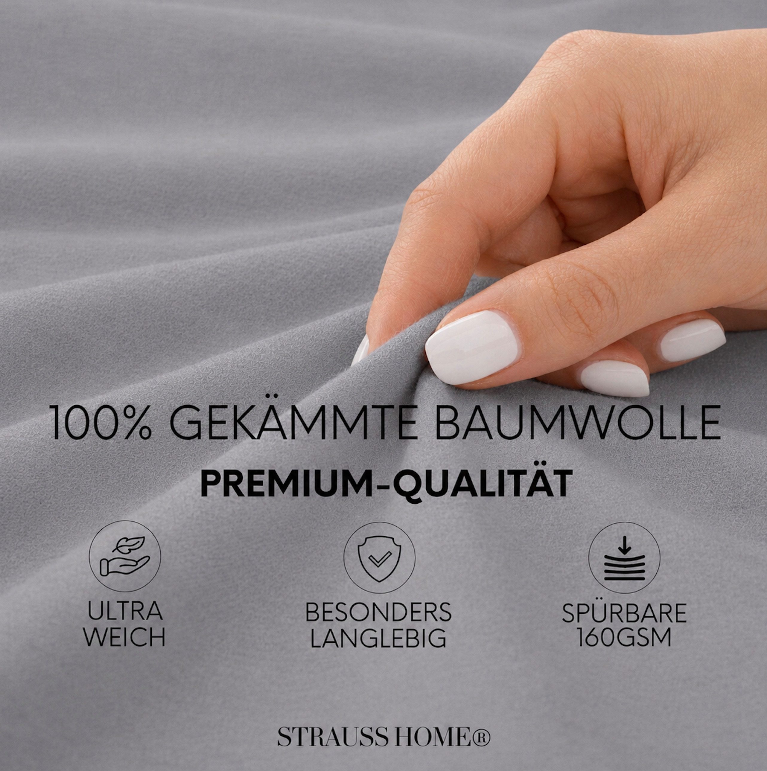 Strauss Home Spannbettlaken Premium 160 g/m² Gekämmte Baumwolle Jersey in Hotelqualität, Gummizug: Rundumgummi, OEKO-TEX®-zertifiziert - Hotelqualität – Formstabil & Langlebig