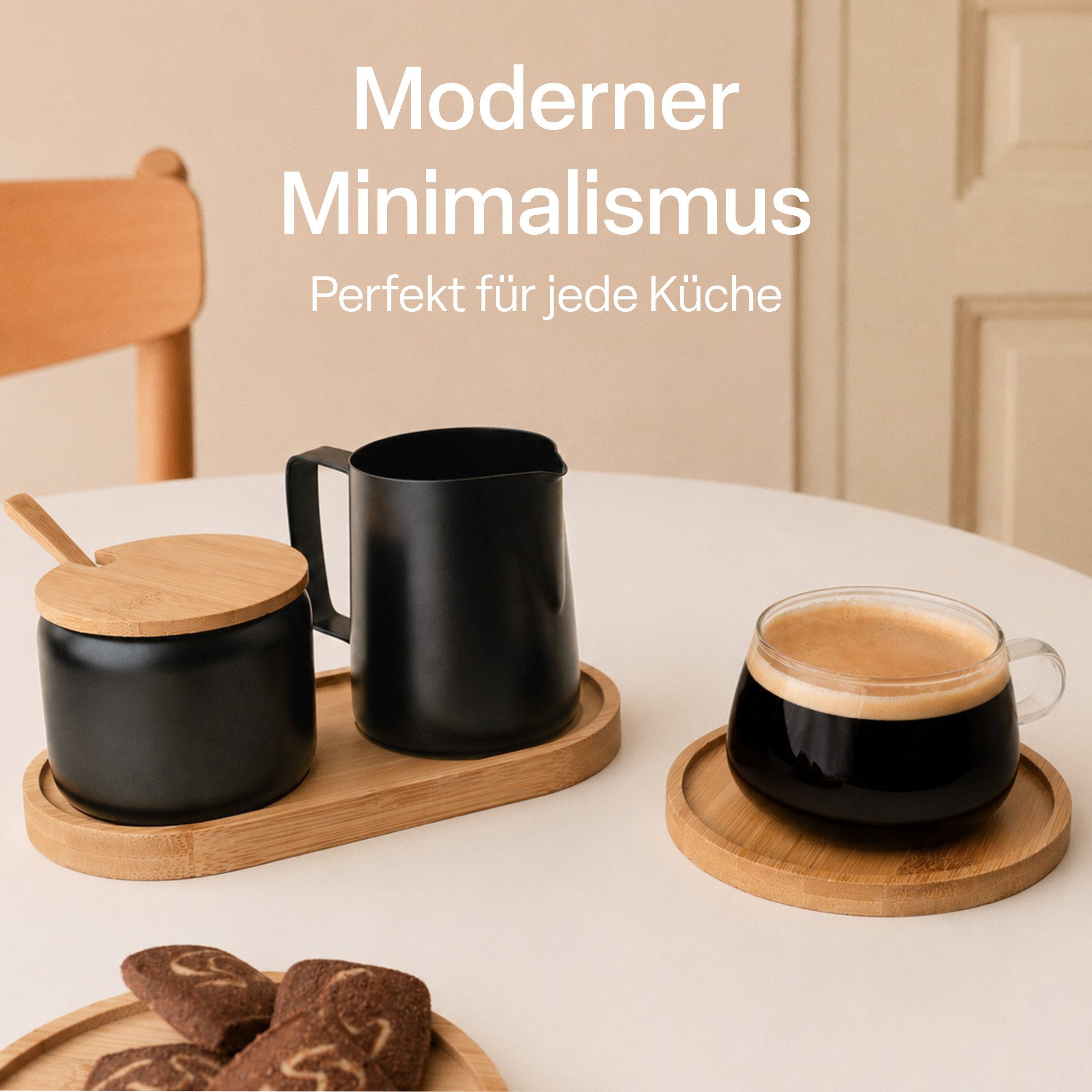 MiaMio Milch- und Zuckerset mit Serviertablett, mattschwarz (5-tlg), Edelstahl, Sahnekännchen 330 ml und Zuckerdose 270 ml