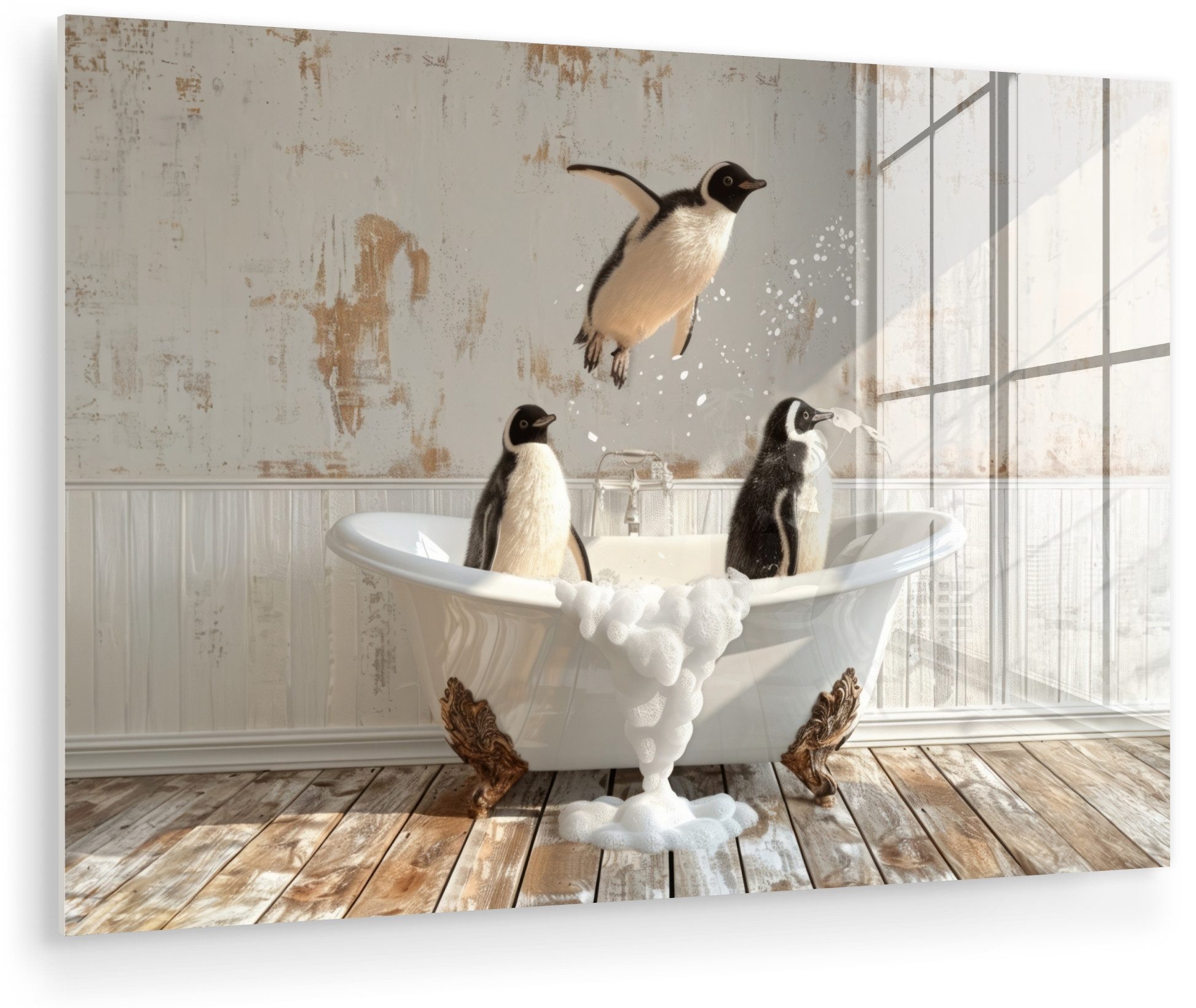 MuchoWow Acrylglasbild Vintage - Pinguin - Badewanne - Schaumstoff, Inkl. Aufhängung, Acrylglasbilder Badezimmer, Toilette Bilder auf Glas, 30x20 cm