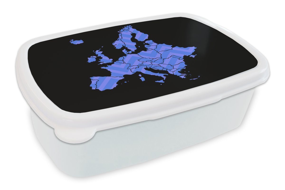 MuchoWow Lunchbox Karte Europa - Muster - Blau, Kunststoff, (2-tlg), Brotbox für Kinder und Erwachsene, Brotdose, für Jungs und Mädchen weiß