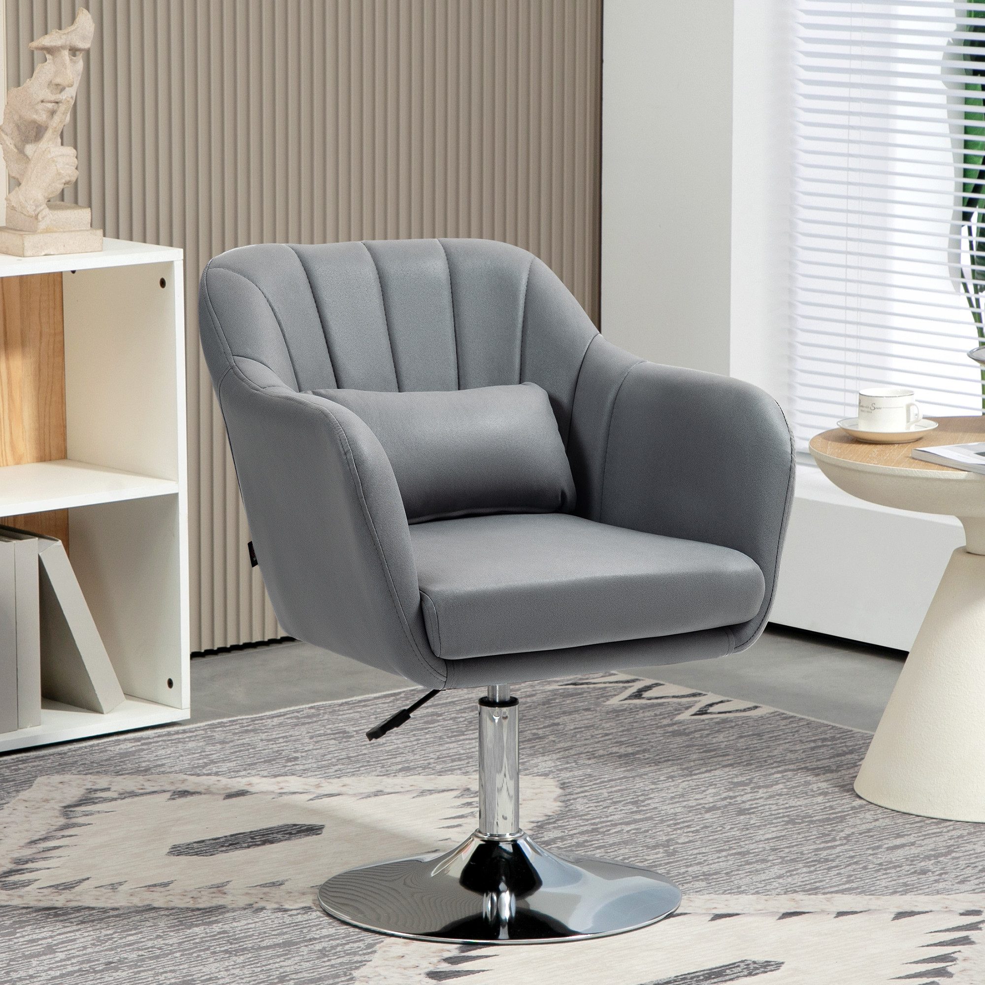 HOMCOM Relaxsessel mit Armlehne, Lendenkissen, Metallrahmen (gepolstert Drehstuhl, 1-St., höhenverstellbar Loungesessel), für Schlafzimmer, Wohnzimmer, Dunkelgrau