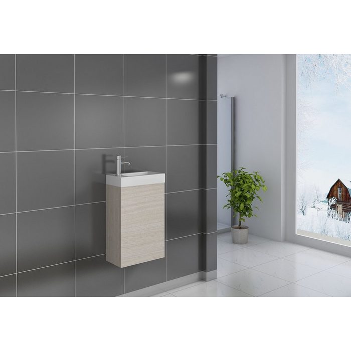Junado® Waschbecken Vega hochglanzoptik in sonomaeichenfarben Breite 40cm Waschplatz für kleine Badezimmer zeitloses elegantes Design