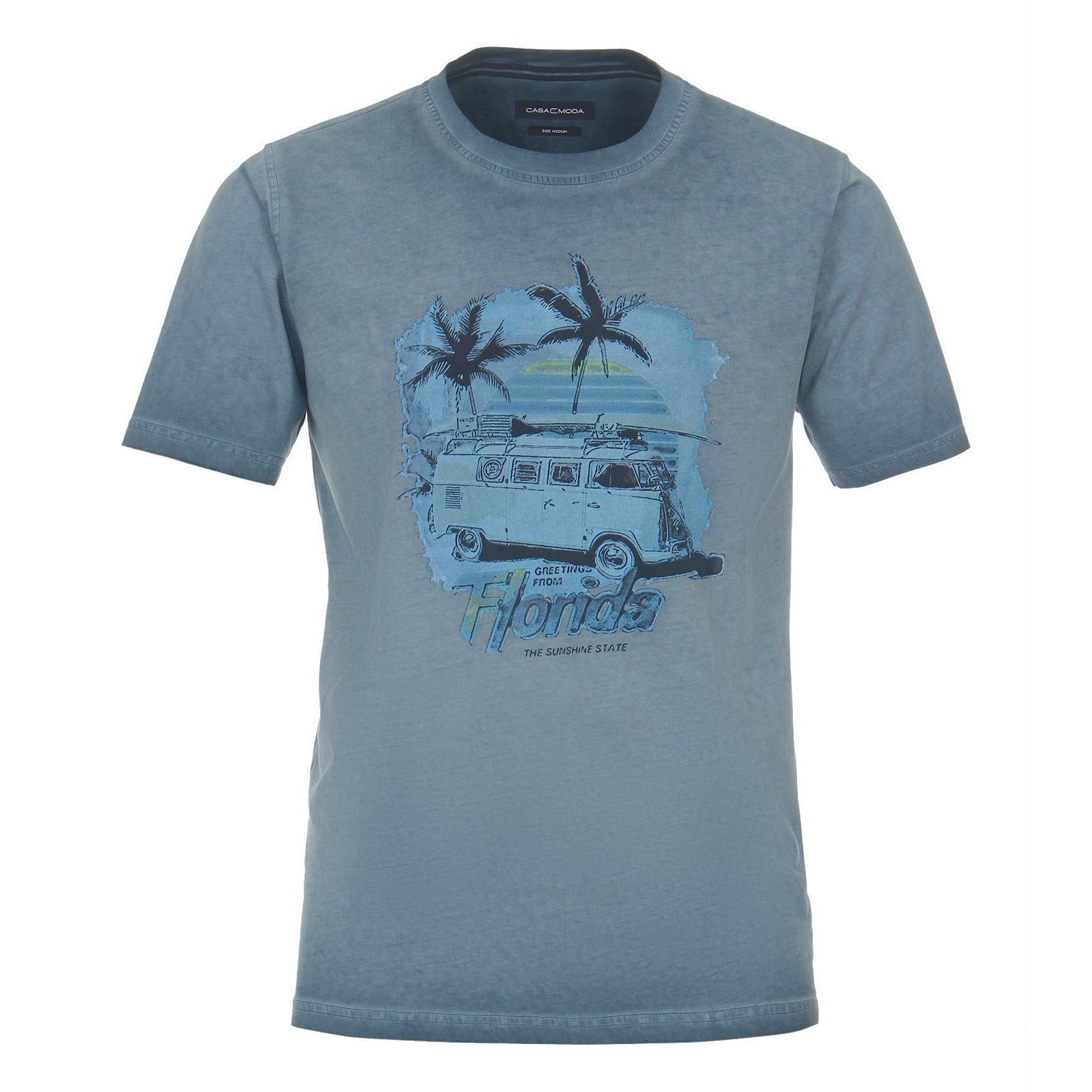 CASAMODA Rundhalsshirt Große Größen Herren T-Shirt Florida-Print Used-Look blau CasaModa