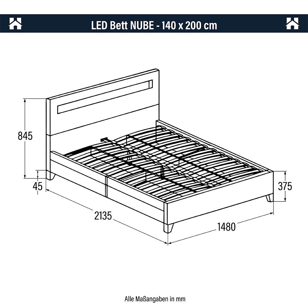 HOME DELUXE Bett Nube mit Schubladen 180 x 200 (inkl. Lattenrost), Polsterbett, Doppelbett, Bettgestell mit Stauraum, LED Bett