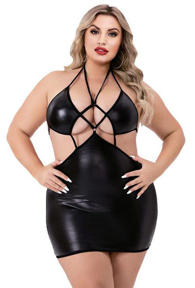 Baci Lingerie Minikleid Criss-Cross Wetlook Neckholder-Minikleid Schwarz – Plus Size (1-tlg) figurbetonte Passform, glänzende Oberfläche