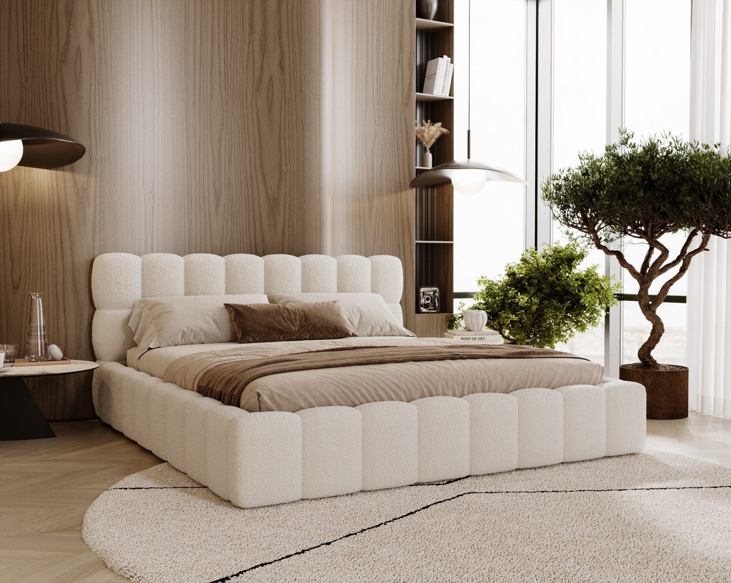 Labett Polsterbett ALMA Bubble Bouclé-Stoff 120x200 140x200 160x200 180x200 200x200cm (Kopfteil im Oversize-Look und Stauraum), hochwertiger Bouclé-Stoff in Creme, Beige, Braun und Schwarz