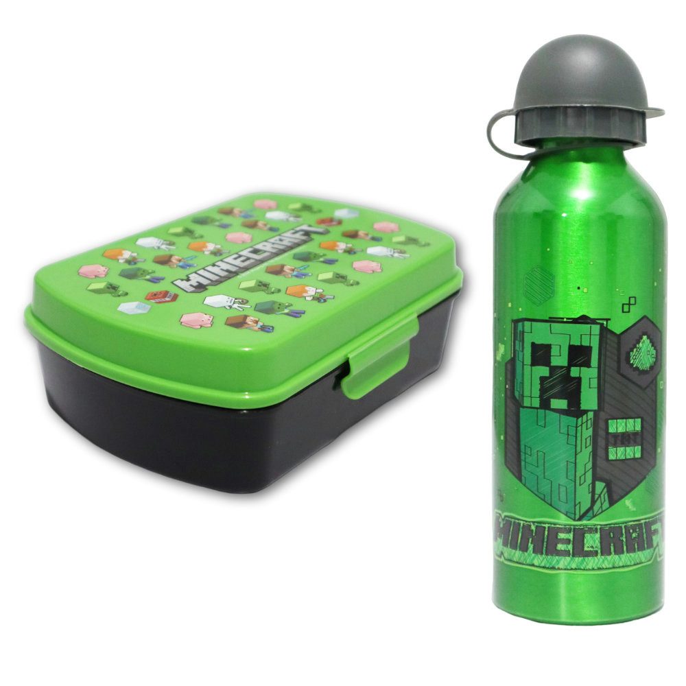 Minecraft Lunchbox Minecraft Creeper Kinder 2 tlg Set Brotdose Alu-Trinkflasche 500 ml, Kunststoff Alu, (2-tlg)