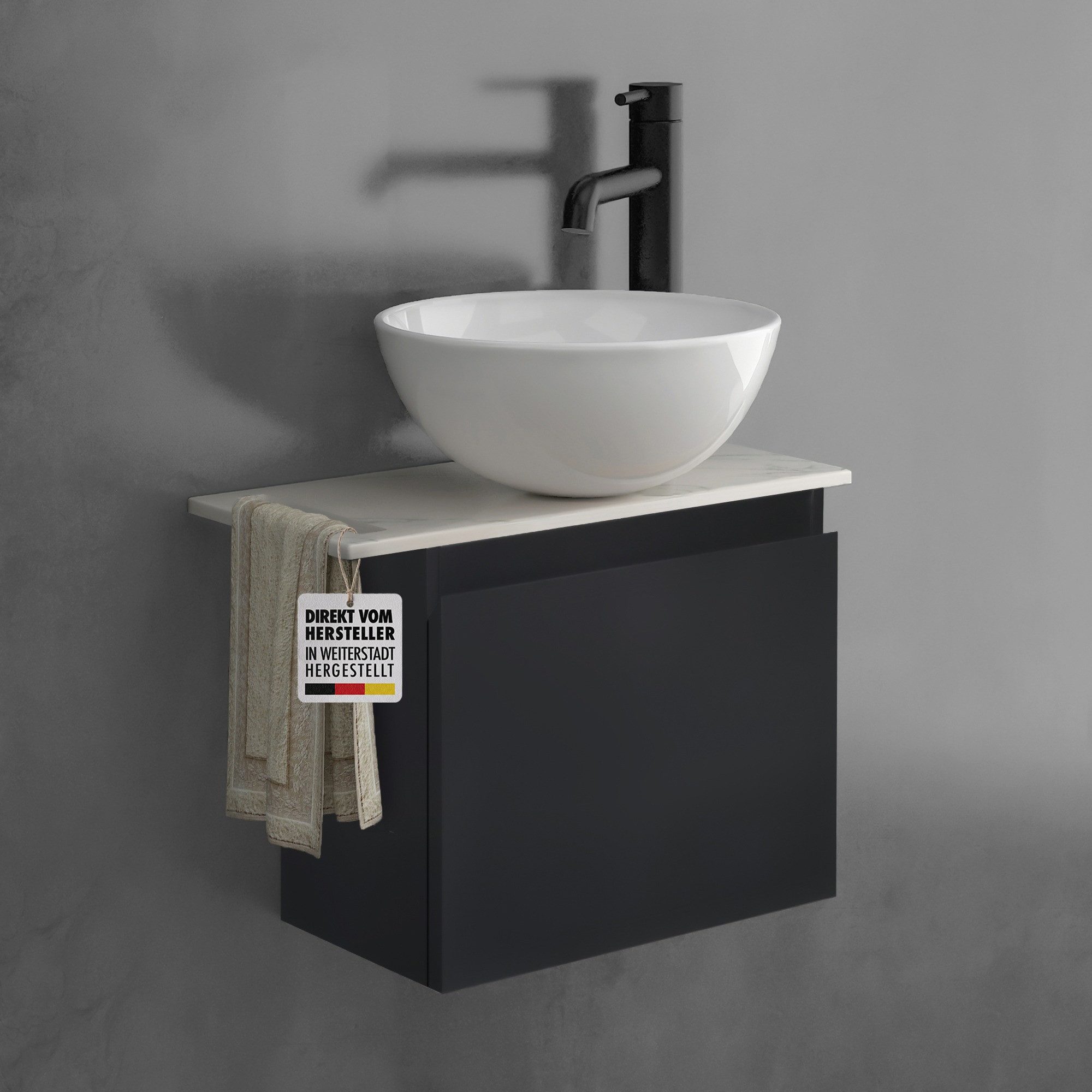 Alpenberger Badmöbel-Set mit Aufsatzwaschbecken Waschtisch mit Unterschrank & Keramikplatte, (Waschbeckenunterschrank mit Softclose, Waschtischunterschrank hängend), Gäste WC Waschbecken mit Unterschrank Schwarz Matt