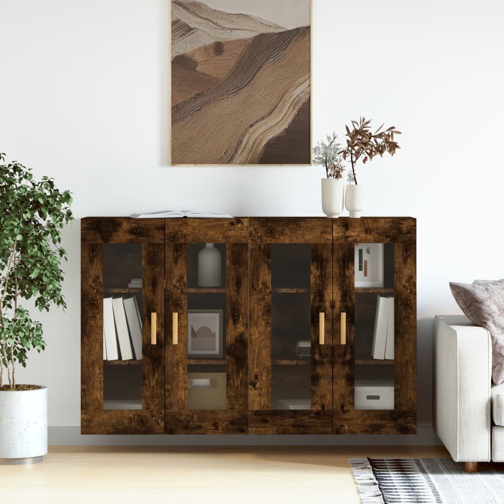 furnicato Wandhängeschrank Wandschrank 69,5x34x90 cm Räuchereiche Massivholz Glas, 2-tlg., Hängeschrank mit Glastüren, viel Stauraum und feuchtigkeitsbeständig