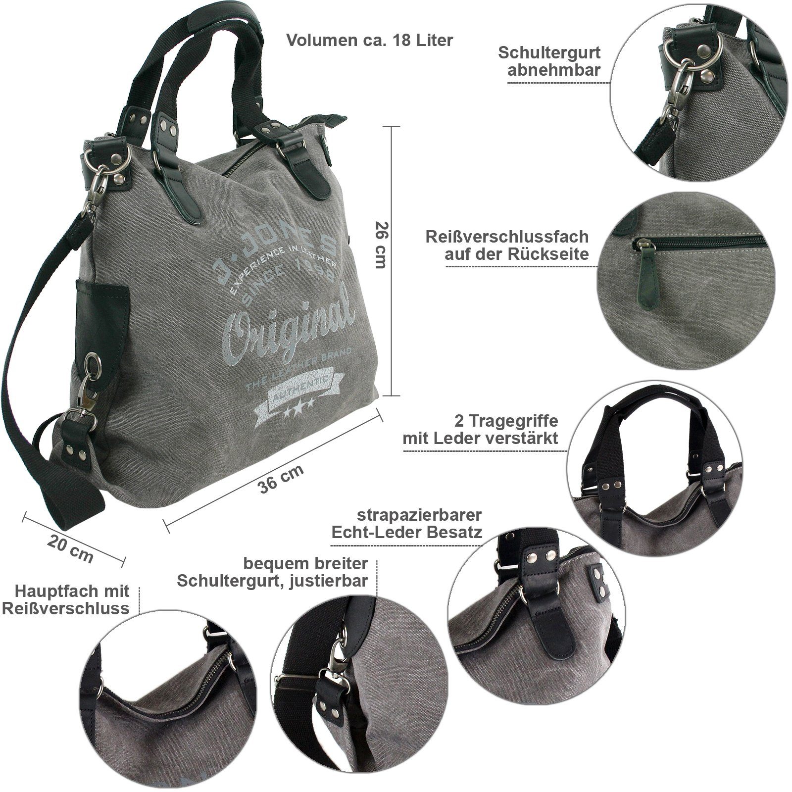 J JONES JENNIFER JONES Hobo Damen Umhängetasch aus Canvas, Große Vintage Schultertasche