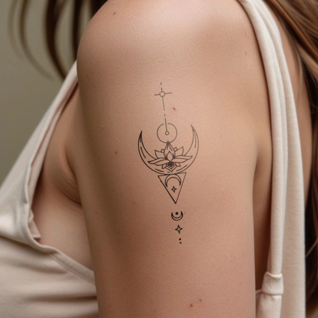 Inkster Schmuck-Tattoo Lotus und Mond Elemente Tattoo, wasserfestes temporäres Tattoo, 2 Wochen Halt