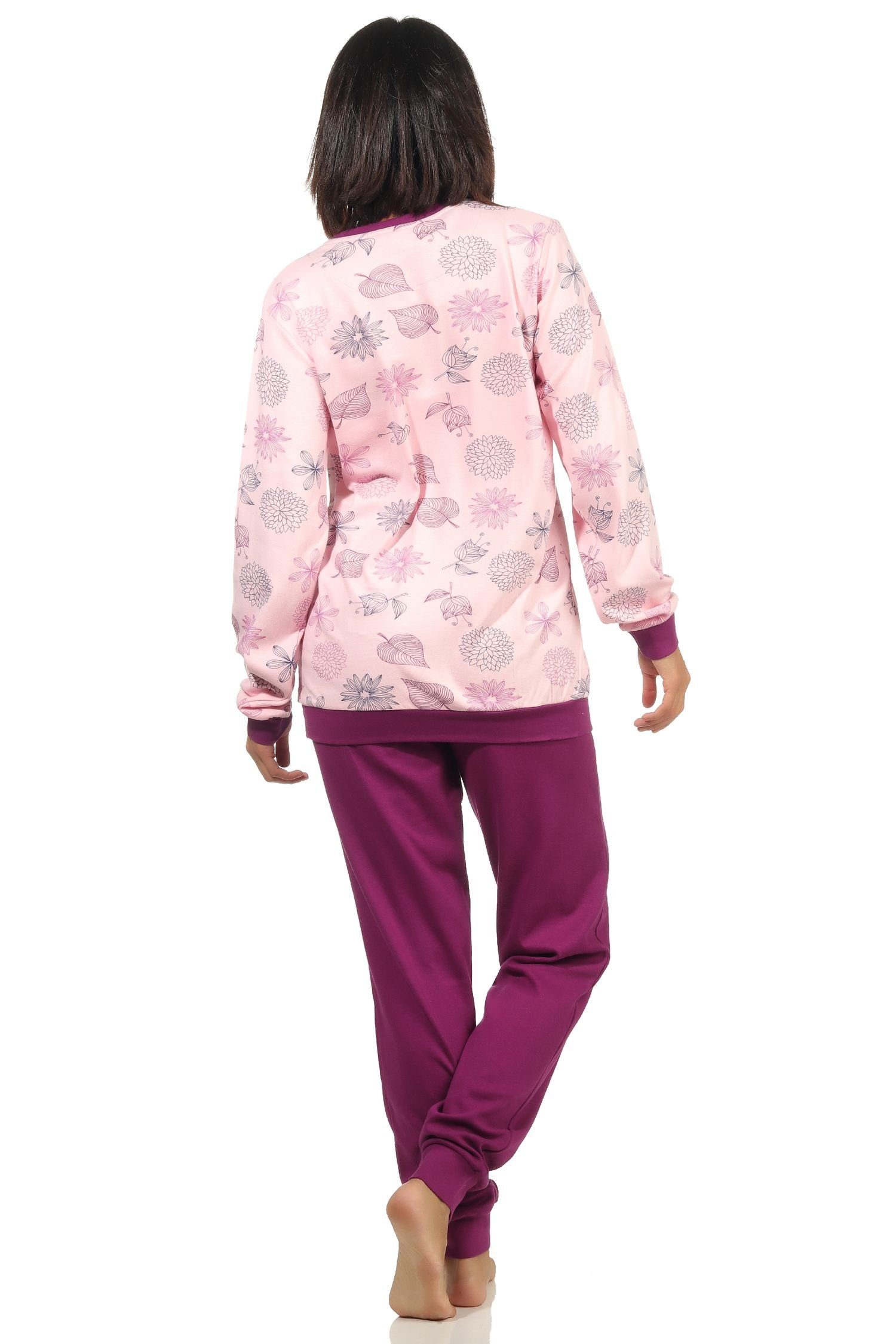 Normann Pyjama Damen Interlock Pyjama Bündchen rosa lang auch Übergrößen mit in 