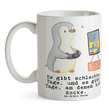 Mr. & Mrs. Panda Tasse Pinguin Zocken - Weiß - Geschenk, Schenken, Teebecher, Kaffeebecher, Keramik, Exklusive Motive