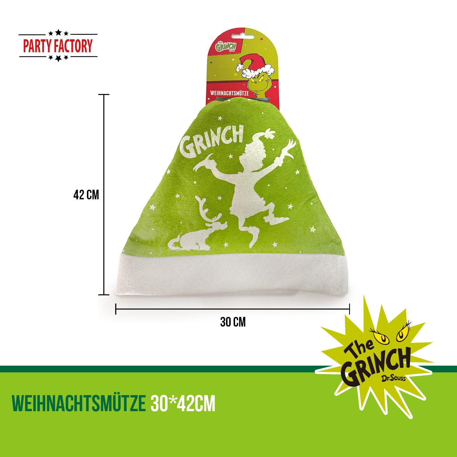Party Factory Bommelmütze The Grinch Weihnachtsmützen im 6er Pack – festliches Weihnachtsset