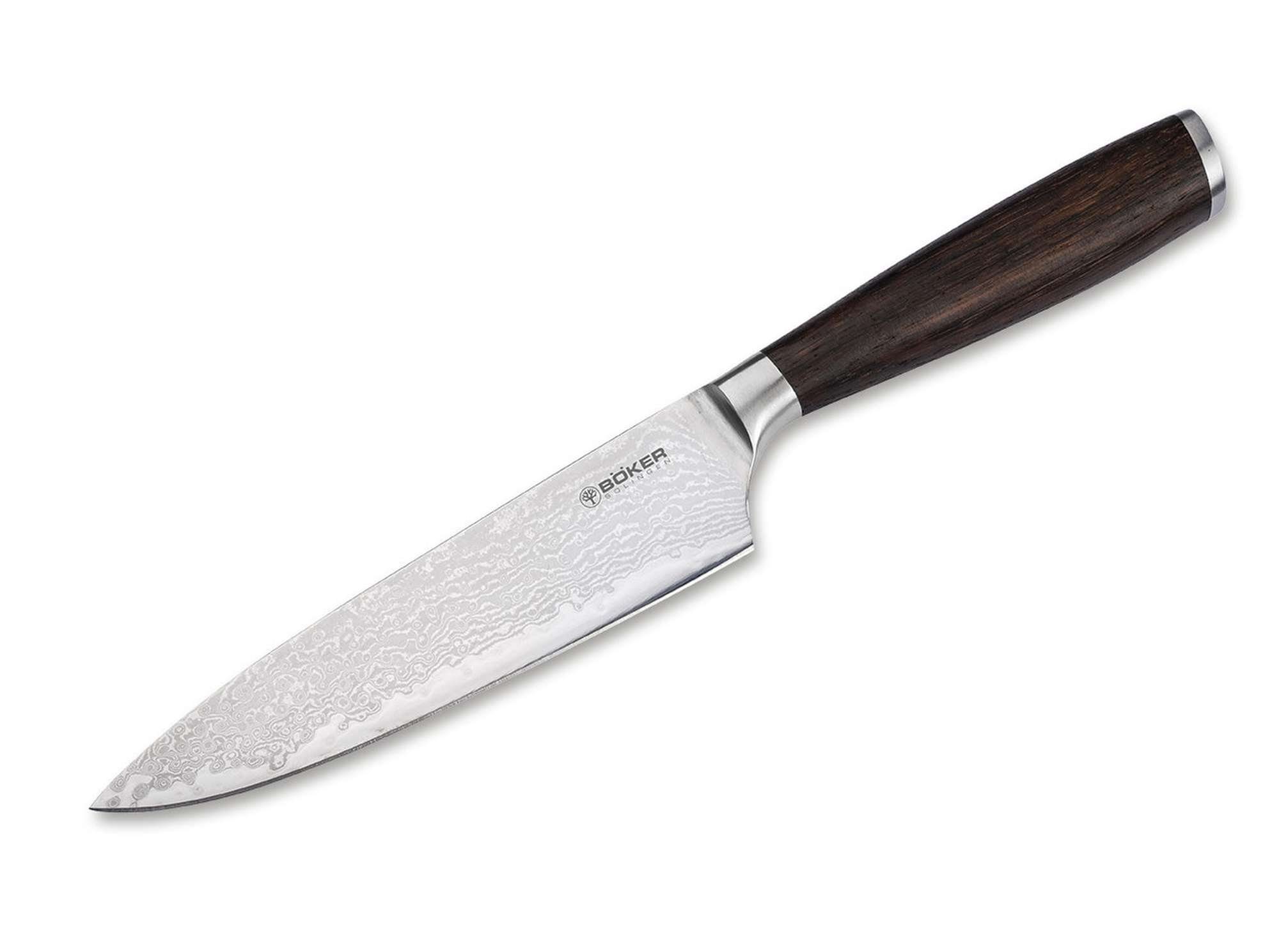 Böker Allzweckmesser Meisterklinge Damast Kochmesser Klein 14,5 cm, Räuchereichenholzgriff