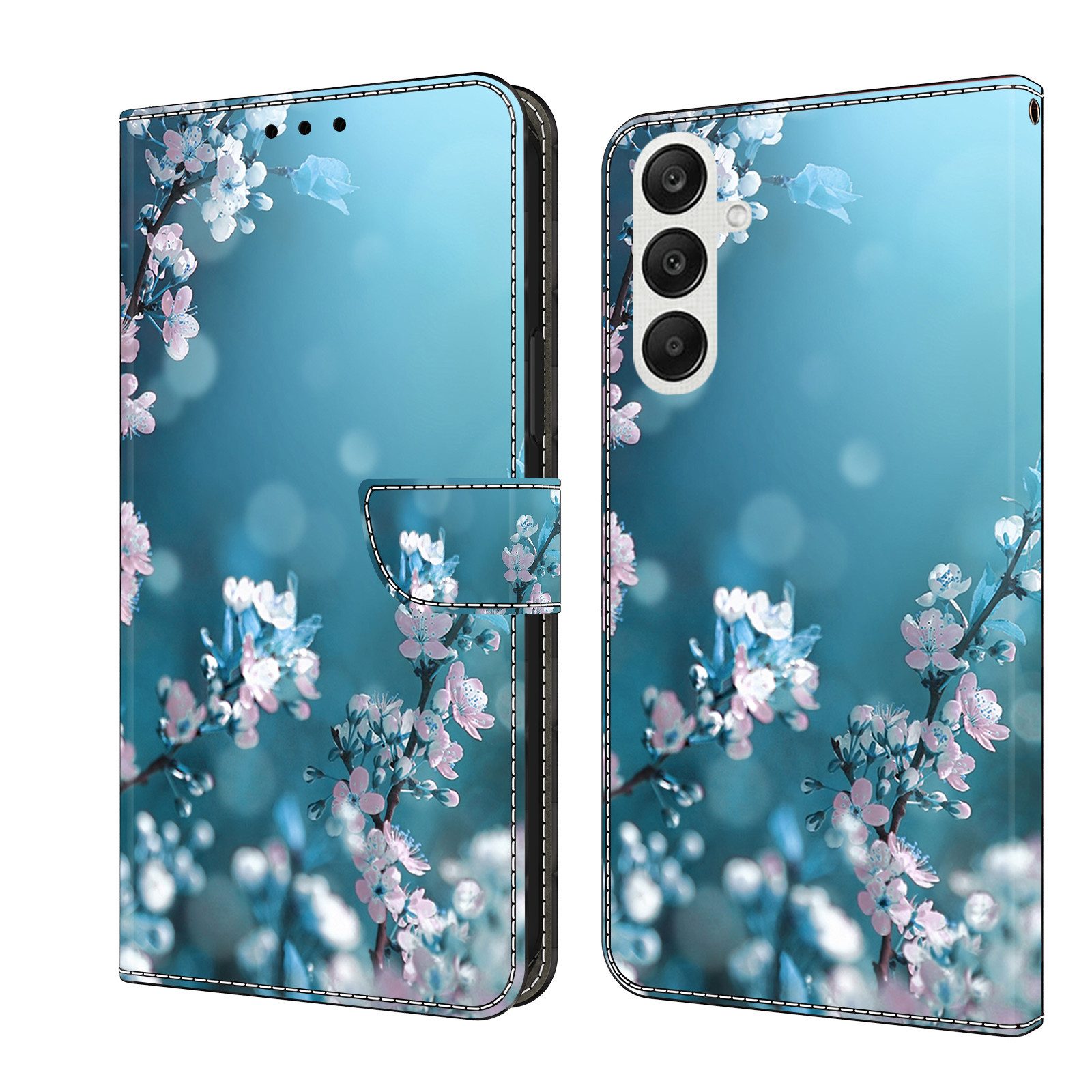 CLM-Tech Handytasche für Samsung Galaxy A56 5G Hülle aus PU-Leder Klapphülle (Pflaumenblüte blau, Schutzhülle mit Standfunktion, Kartenfächern), und Magnetverschluss