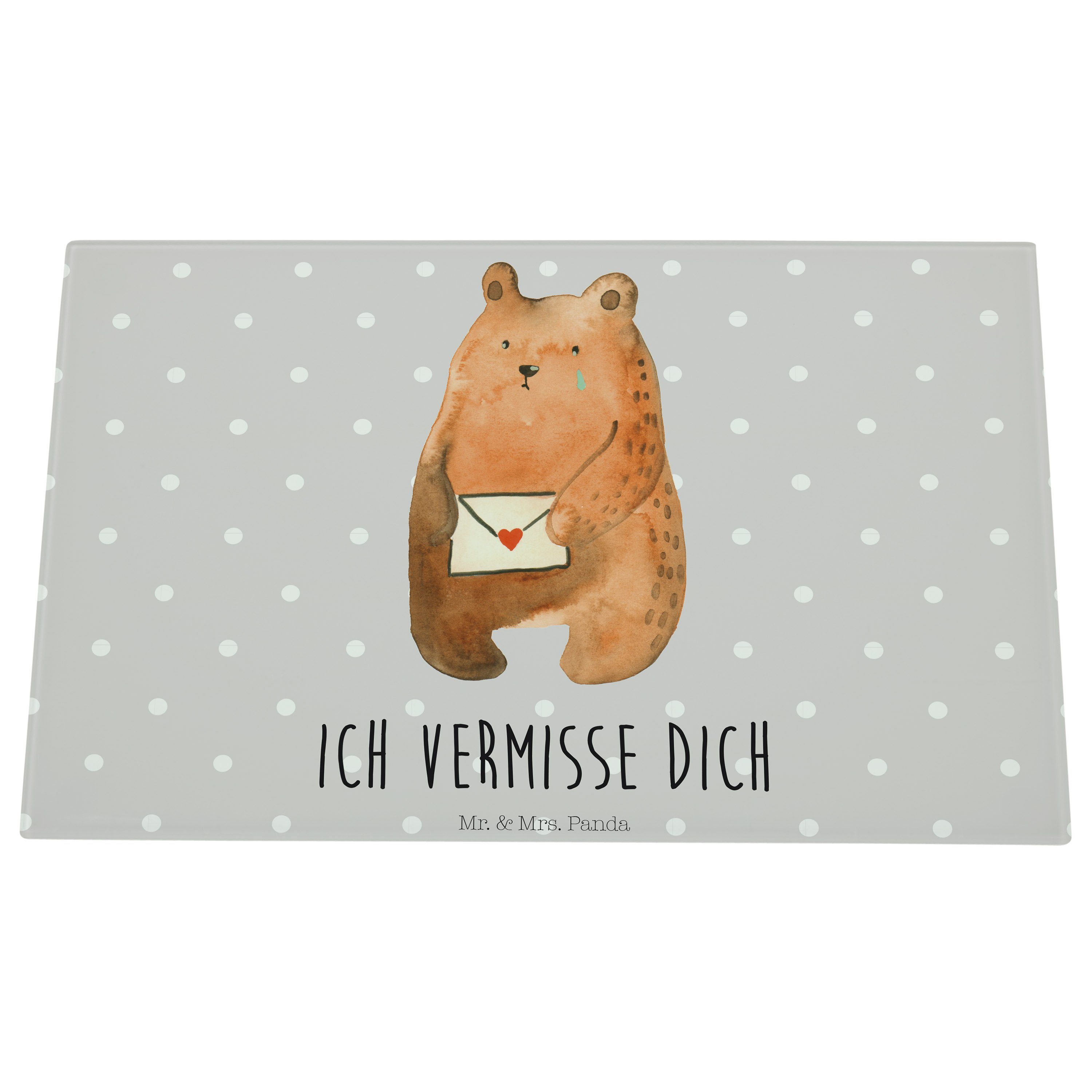 vermisse - Mrs. & Panda Glas, Ich - Teddy, Mr. Glasschneideb, Bär Premium Geschenk, Grau dich Pastell Servierbrett (1-St)