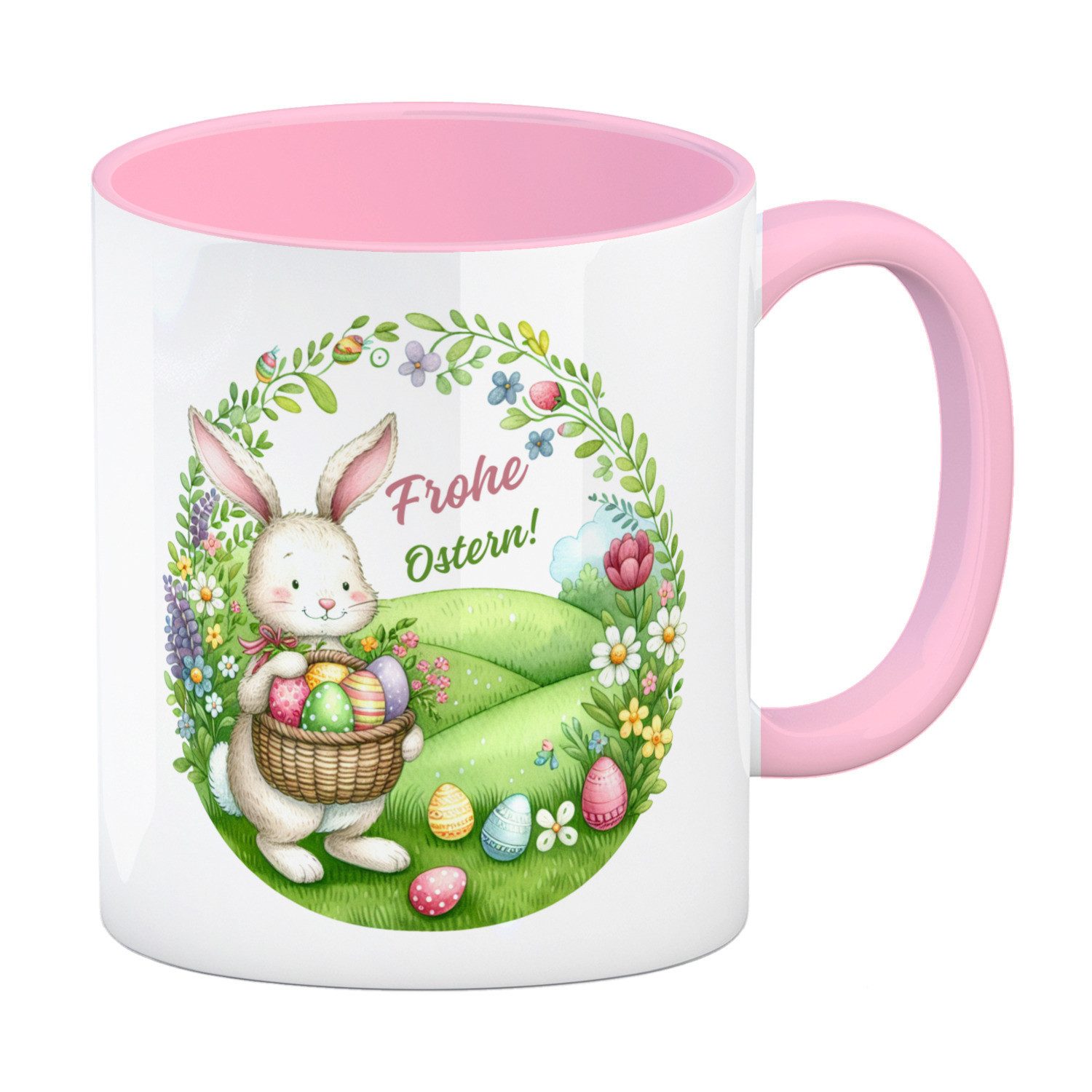 Tasse Osterhase Kaffeebecher in rosa mit Spruch Frohe Ostern