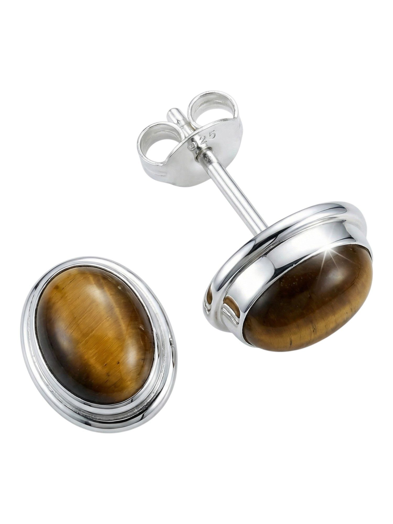 mantraroma Paar Ohrstecker SARALA oval medium aus 925 Silber mit Tigerauge (Paar, Paar Ohrringe mit Schmuckbeutel), 925 Sterling Silber Ohrringe für Damen