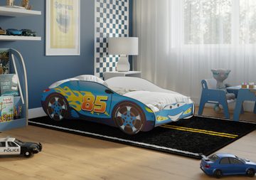 iGLOBAL Autobett Zygzak Kinderbett Cars Bett Jugendbett 140 x 70 cm (Rot und Blau), inkl. Stellage aus Holz, Schaumstoffmatratze, Schraubensatz