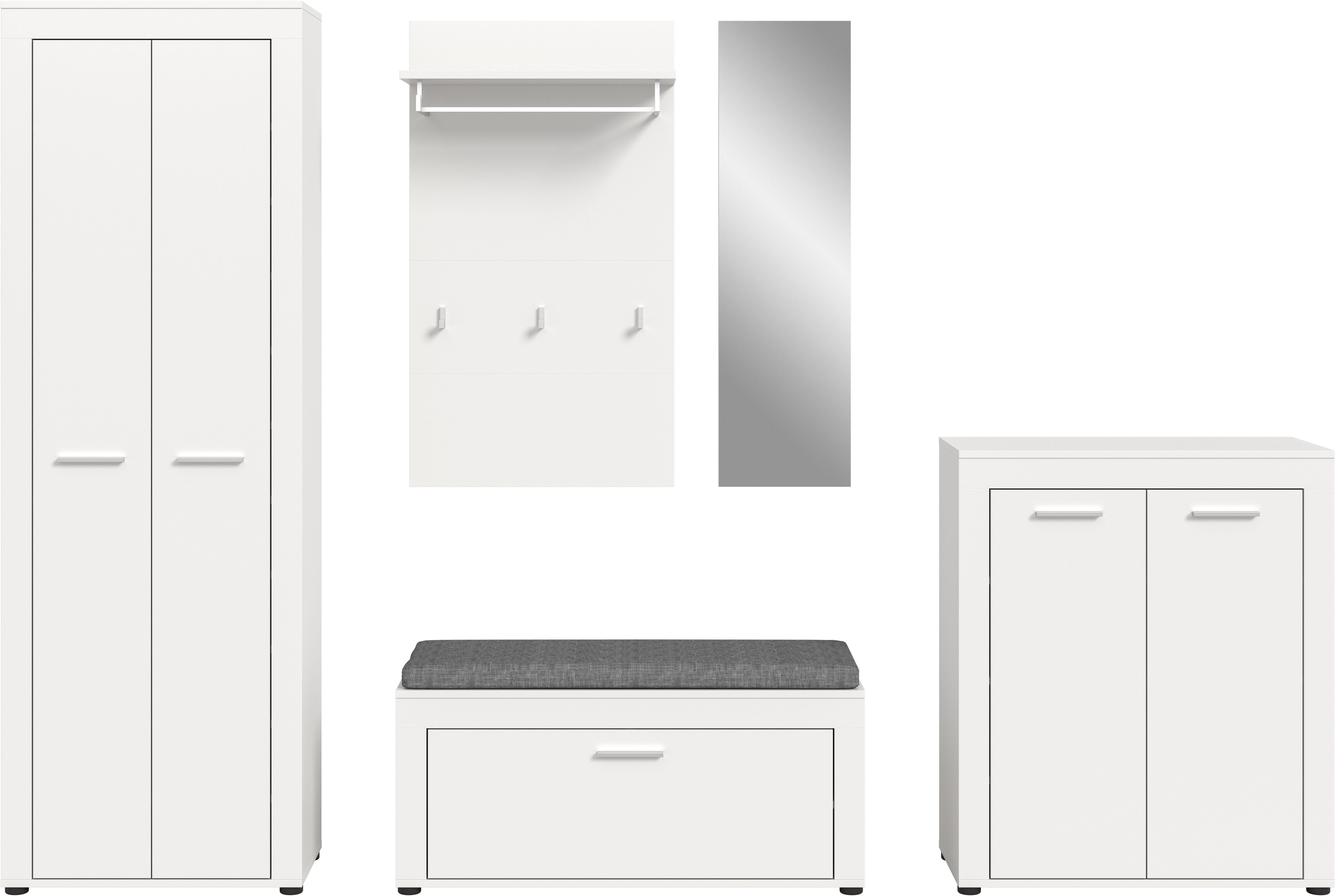 Home affaire Garderoben-Set AOSTA, TOPSELLER!, Breite 285cm, 6-teilige Garderobenkombination, (Set, 6-St., best. aus: Schrank, Sitzbank, Sitzkissen, Paneel, Spiegel & Kommode), Flurkombination, Kombination, Garderobe, Dielen-Set, Garderobenmöbel