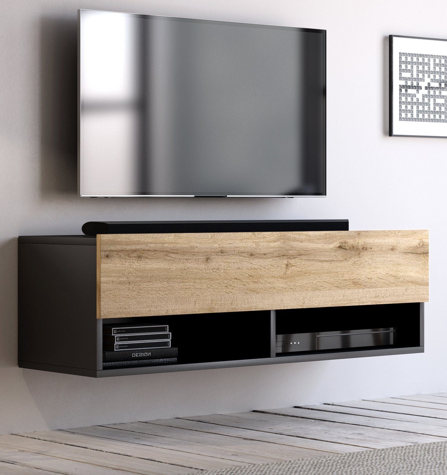 hängend Used Epsom (Flat-TV 100 Board Eiche, oder GuenstigEinrichten in cm), Wood Lowboard
