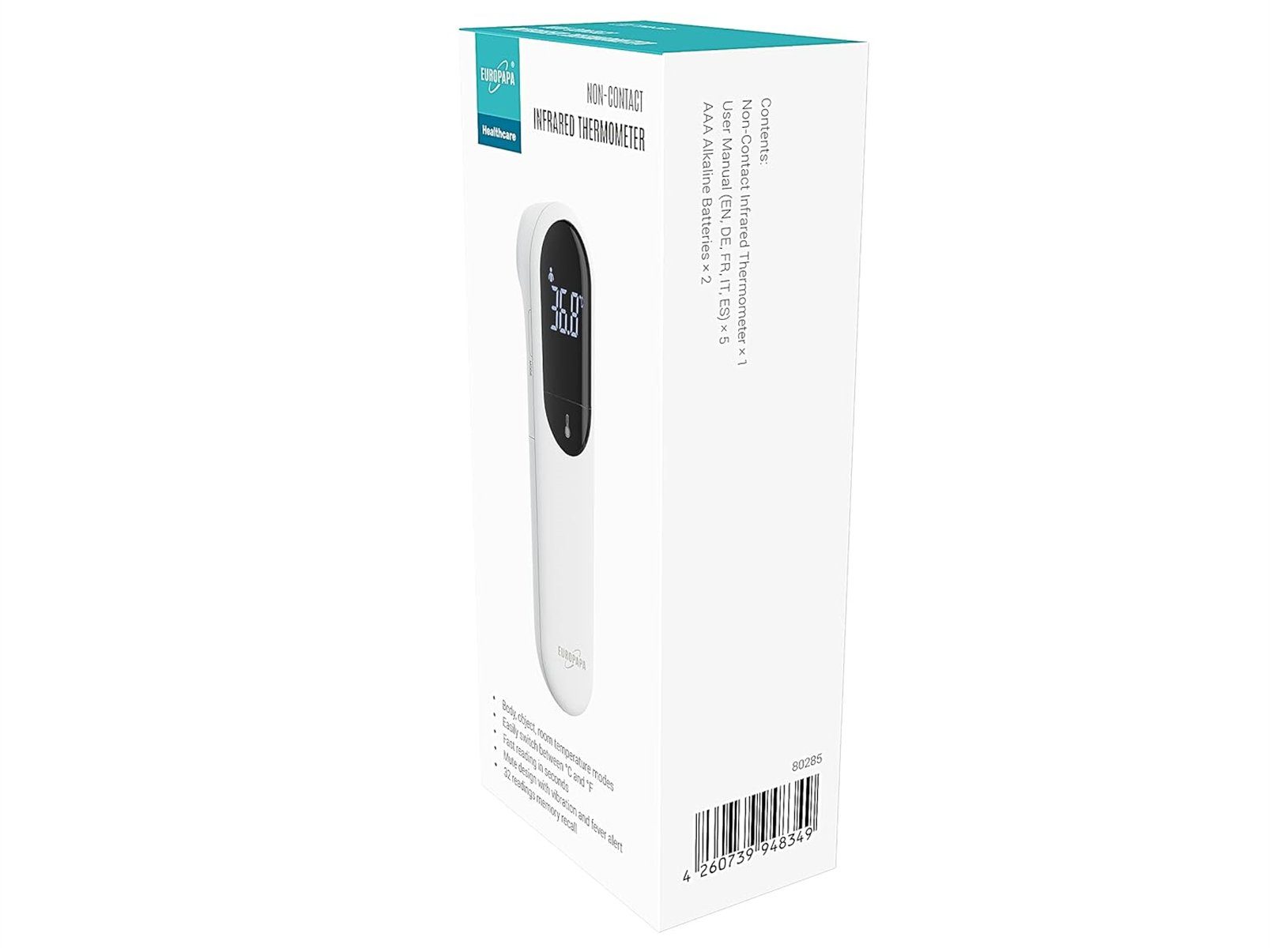 EUROPAPA Fieberthermometer Fieberthermometer für Baby Kinder Erwachsene, 1 x Fieberthermometer & 2 x AAA-Batterien im Lieferumfang enthalten, Stirnthermometer, Fieberalarm, °C/°F Schalter, 32-facher Messwertspeicher
