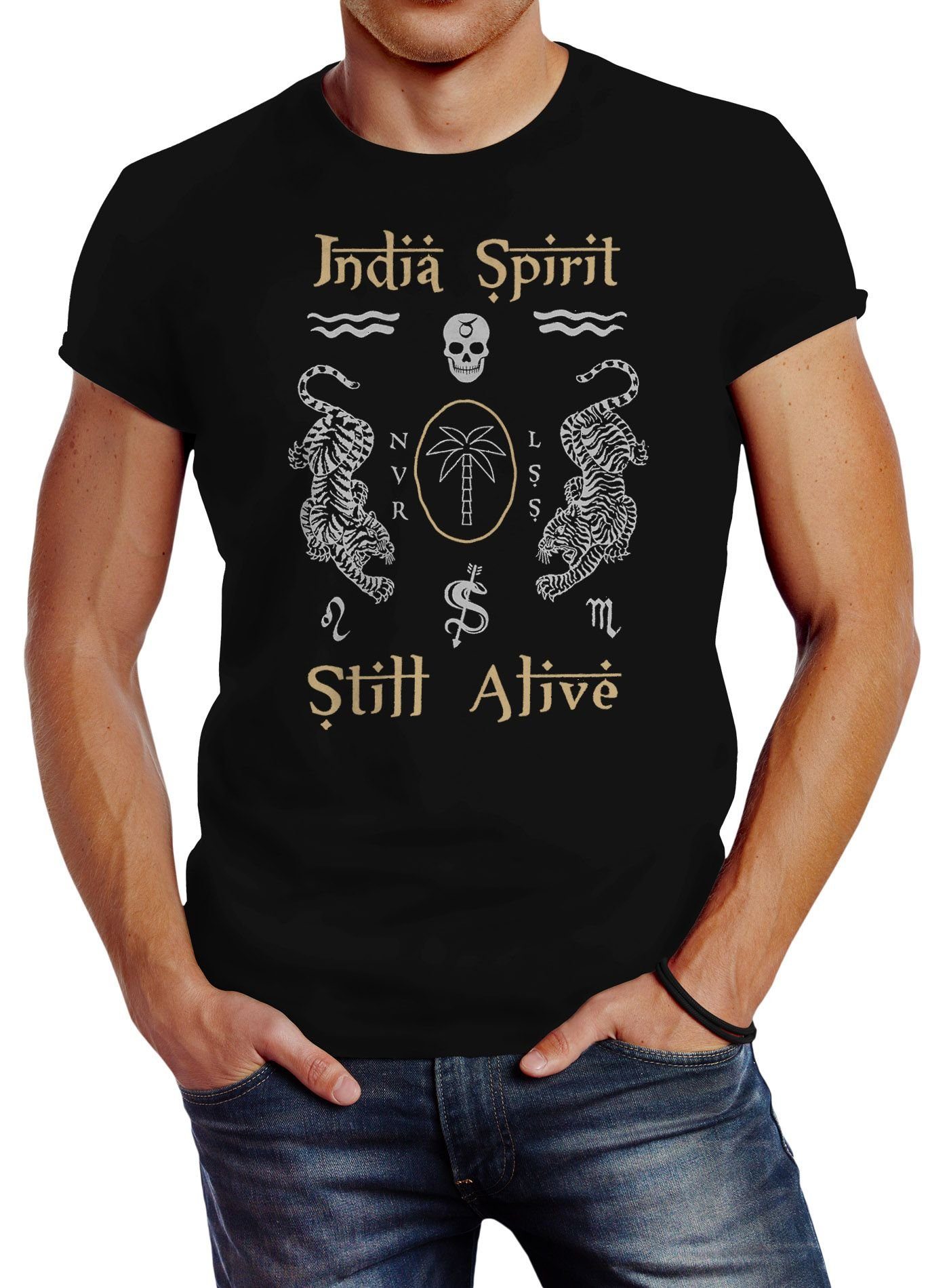 Neverless Print-Shirt Neverless® Herren T-Shirt Motiv Spirit Indien Totenkopf India Streetstyle mit Schriftzug schwarz Print Tiger Fashion