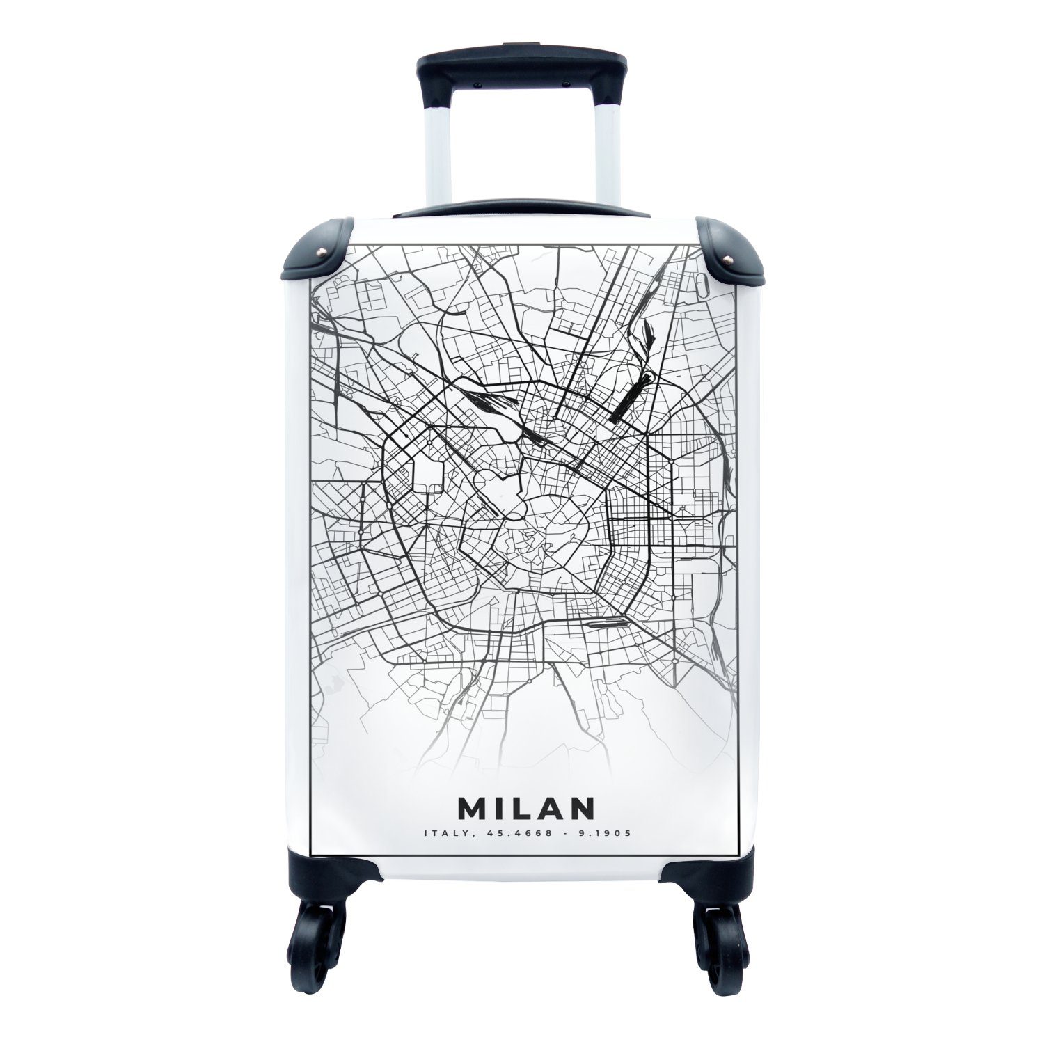 MuchoWow Mailand 4 für rollen, Karte, und Trolley, mit Rollen, Handgepäck Reisekoffer Schwarz Stadtplan - - - Reisetasche Handgepäckkoffer Ferien, weiß