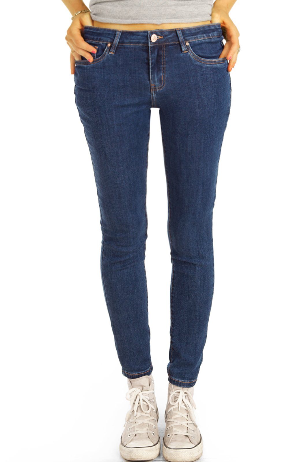 Stretch-Anteil, Skinny Low-rise-Jeans mit Hose Hüftjeans be styled Röhrenjeans - dunkelblau Damen- j27p-1 slim 5-Pocket-Style Stretch -