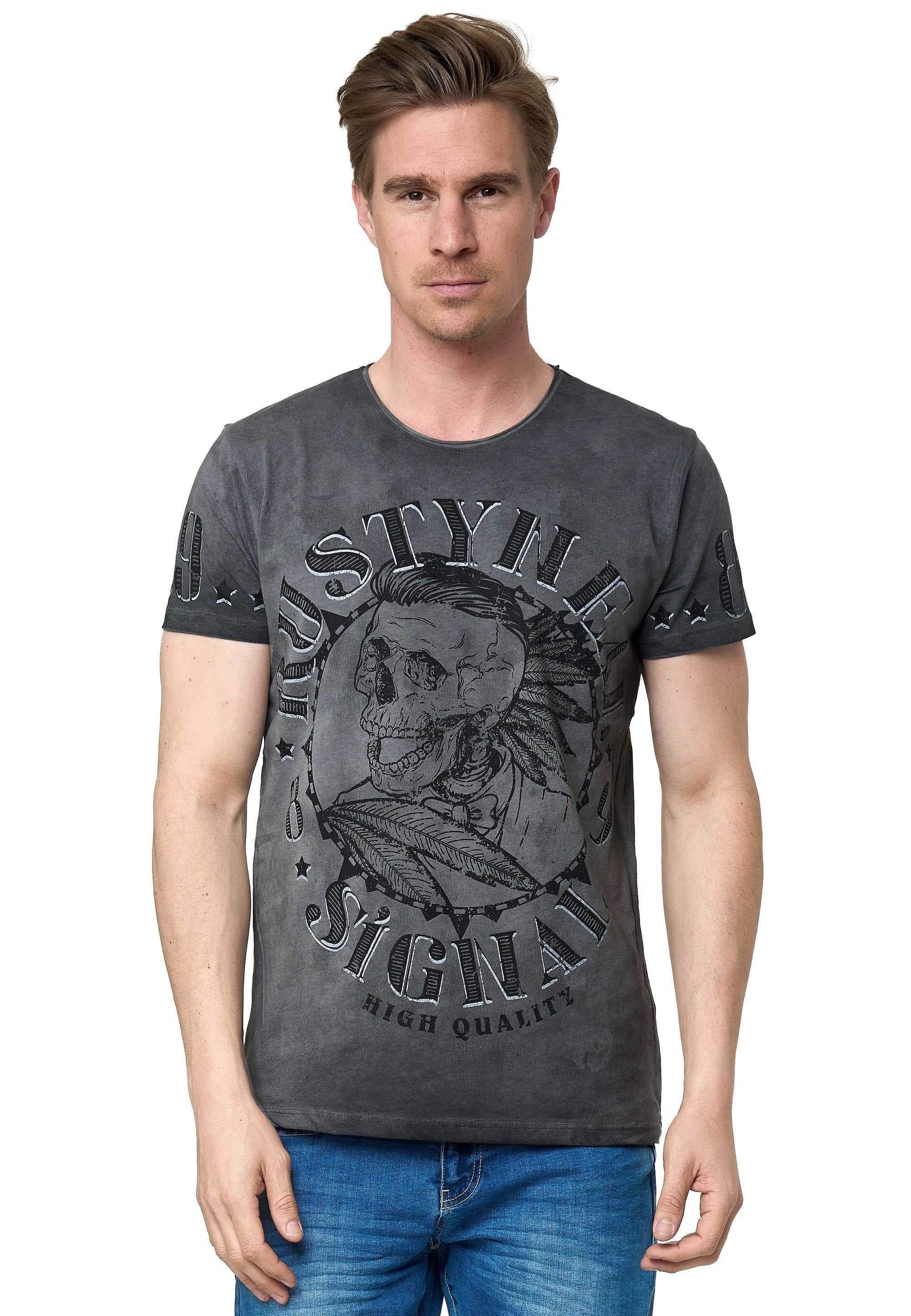 Rusty Neal T-Shirt mit stylischem Totenkopf-Print anthrazit