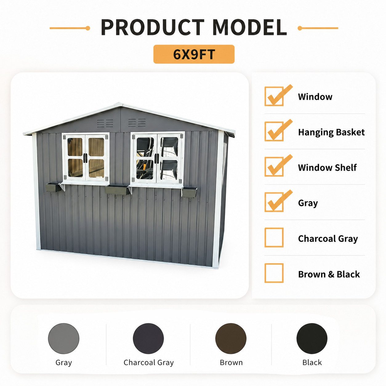 ANYSUN Gartenhaus Metall-Gartenhaus Gerätehaus 254,2×170,2 cm (4,33 m), mit 2 Fenstern, Verzinktes Stahl-Gartenhaus mit Blumenhalter, stoßfest verstärkt