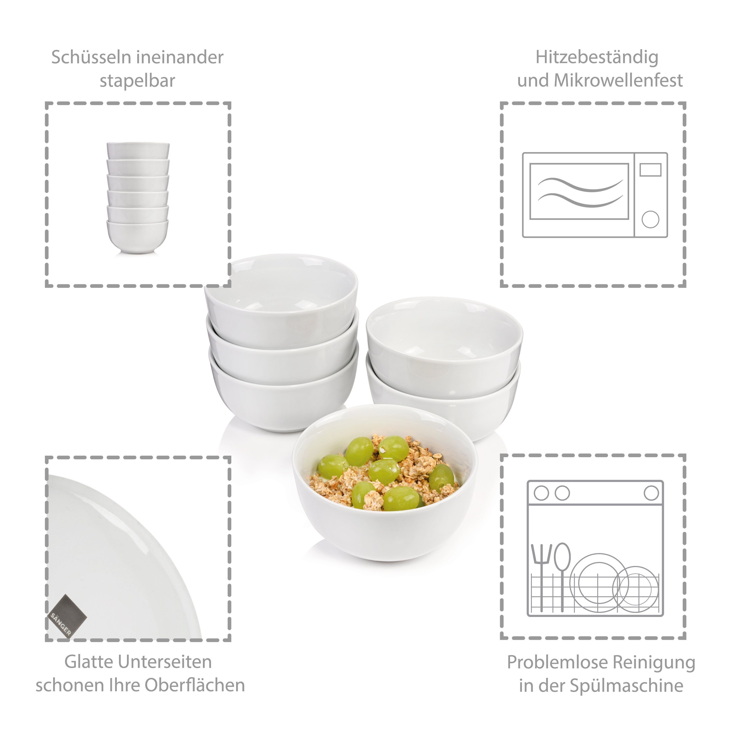 SÄNGER Müslischale New Port Müslischüssel Set, Weiß, Porzellan, (Set, 6-tlg), 500 ml, Premium Collection