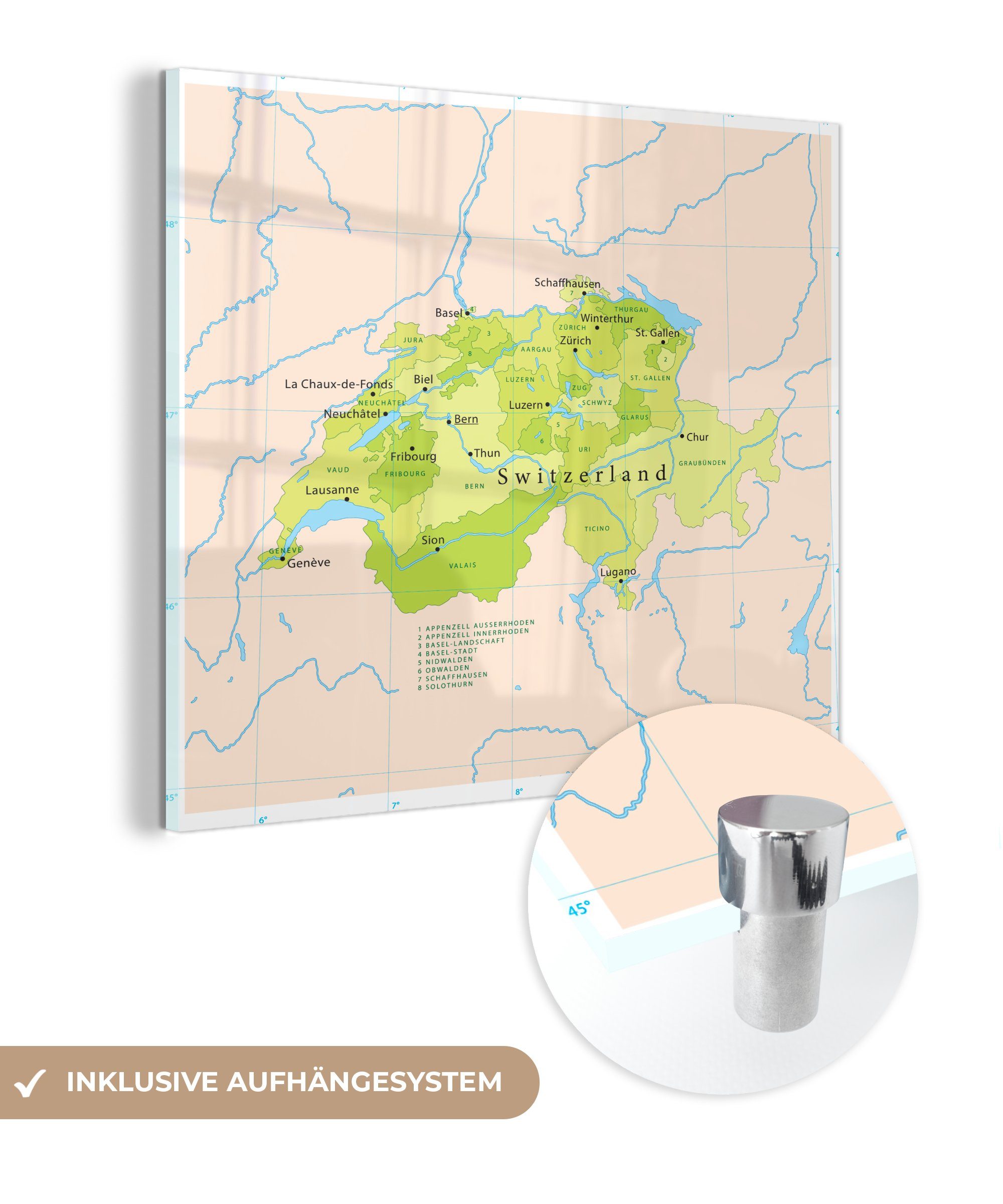 MuchoWow Acrylglasbild Karte Details, - Glas grünen Glas auf mit Wanddekoration auf - - St), der Wandbild Schweiz Foto Bilder Glasbilder (1
