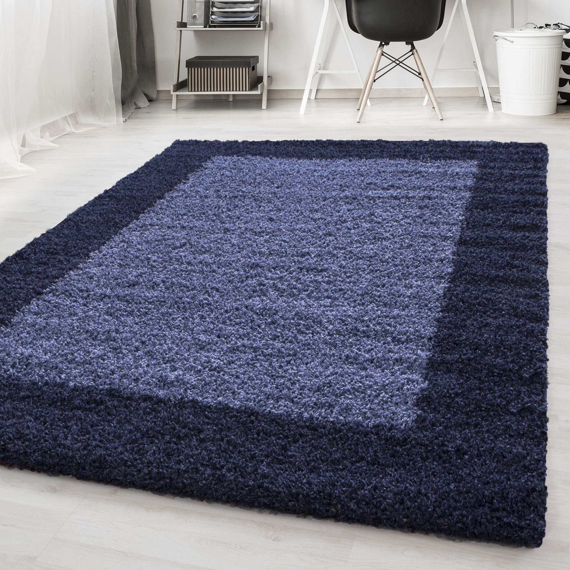 Hochflor-Teppich Bordüre Design, Carpetsale24, Läufer, Höhe: 30 mm, Teppich Wohnzimmer Bordüre Design Shaggy versch. farben und größen Marineblau