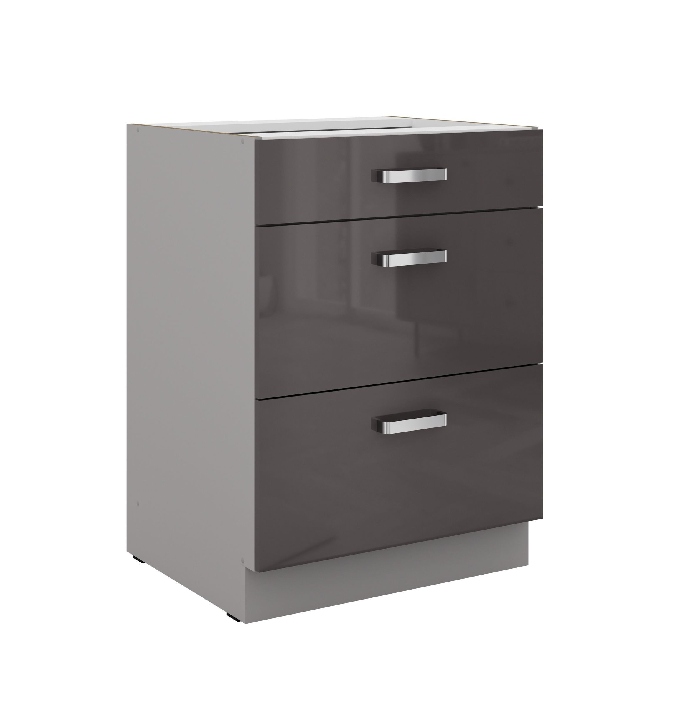 Küchen-Preisbombe Auszugsunterschrank 60 cm Küche Bianca Grey Grau Hochglanz Unterschrank mit Schubladen