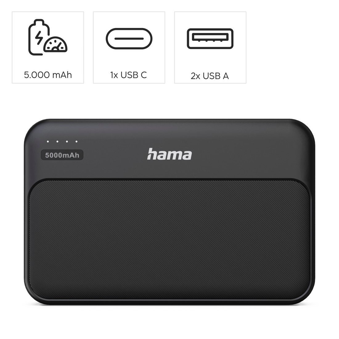 Hama Powerbank 5000 mAh mit 2x USB-A und USB-C Anthrazit Powerbank, Fast Charge, LED-Kapazitätsanzeige, 2x USB-A, Schutzfunktionen – Bild 3 von 5