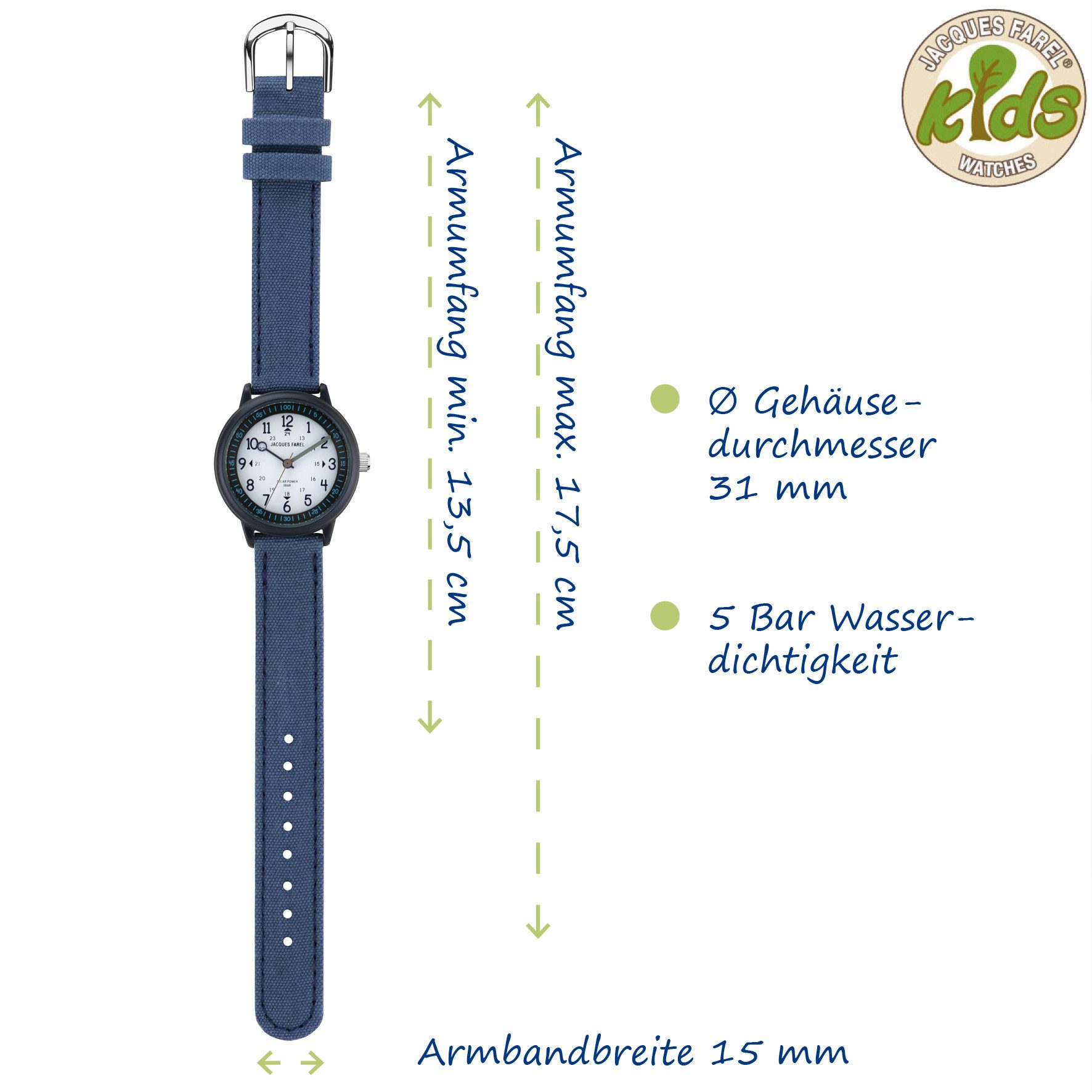 Jacques Farel Solaruhr ORSO Kinder Armbanduhr Solar Baumwollband, analog nachhaltig Geschenkidee Einschulung Kids Ø 30 mm – Bild 4 von 5