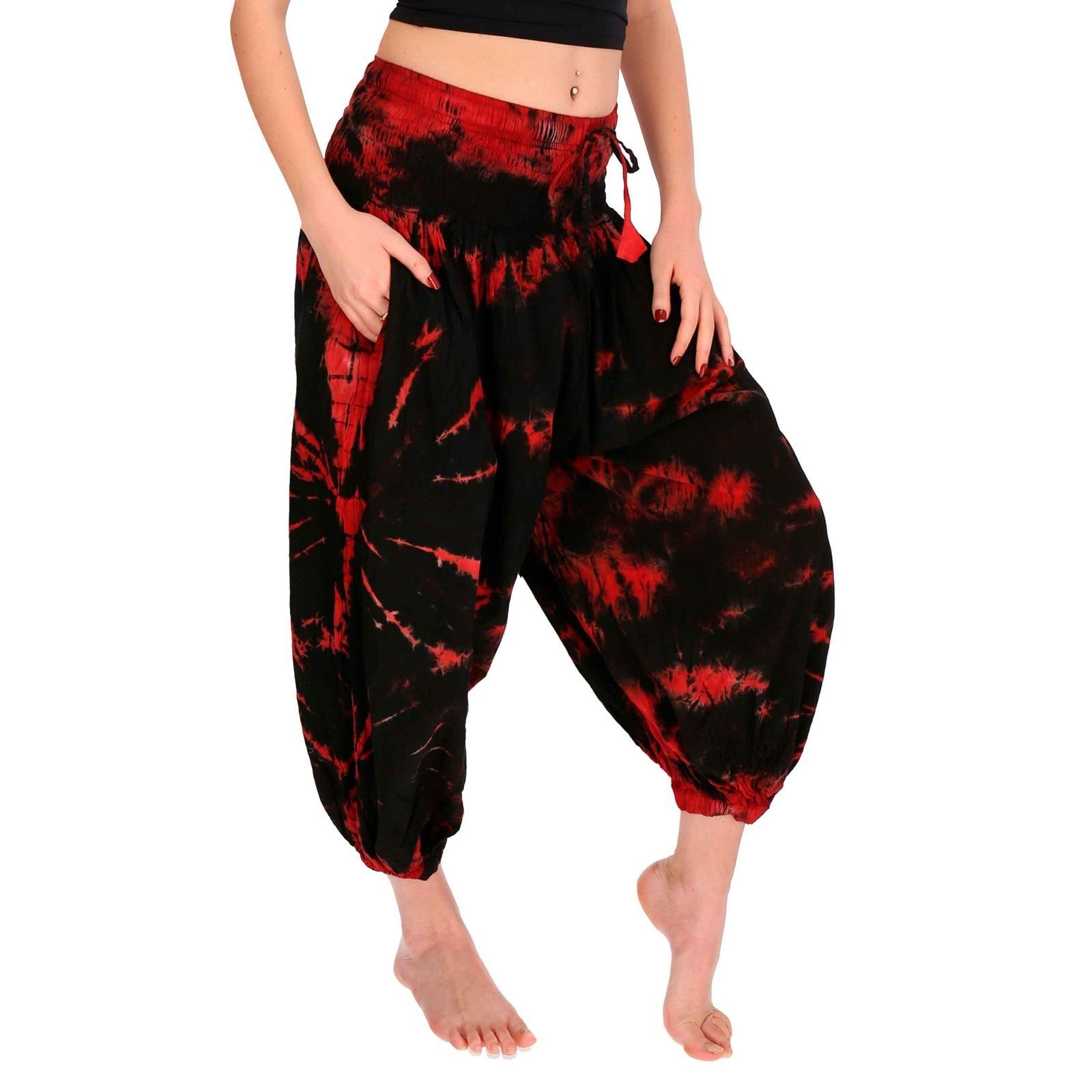 KUNST UND Batikhose Pluderhose Haremshose Dye Haremshose Damen Tie Baumwoll Rot Wellnesshose Schwarz MAGIE 