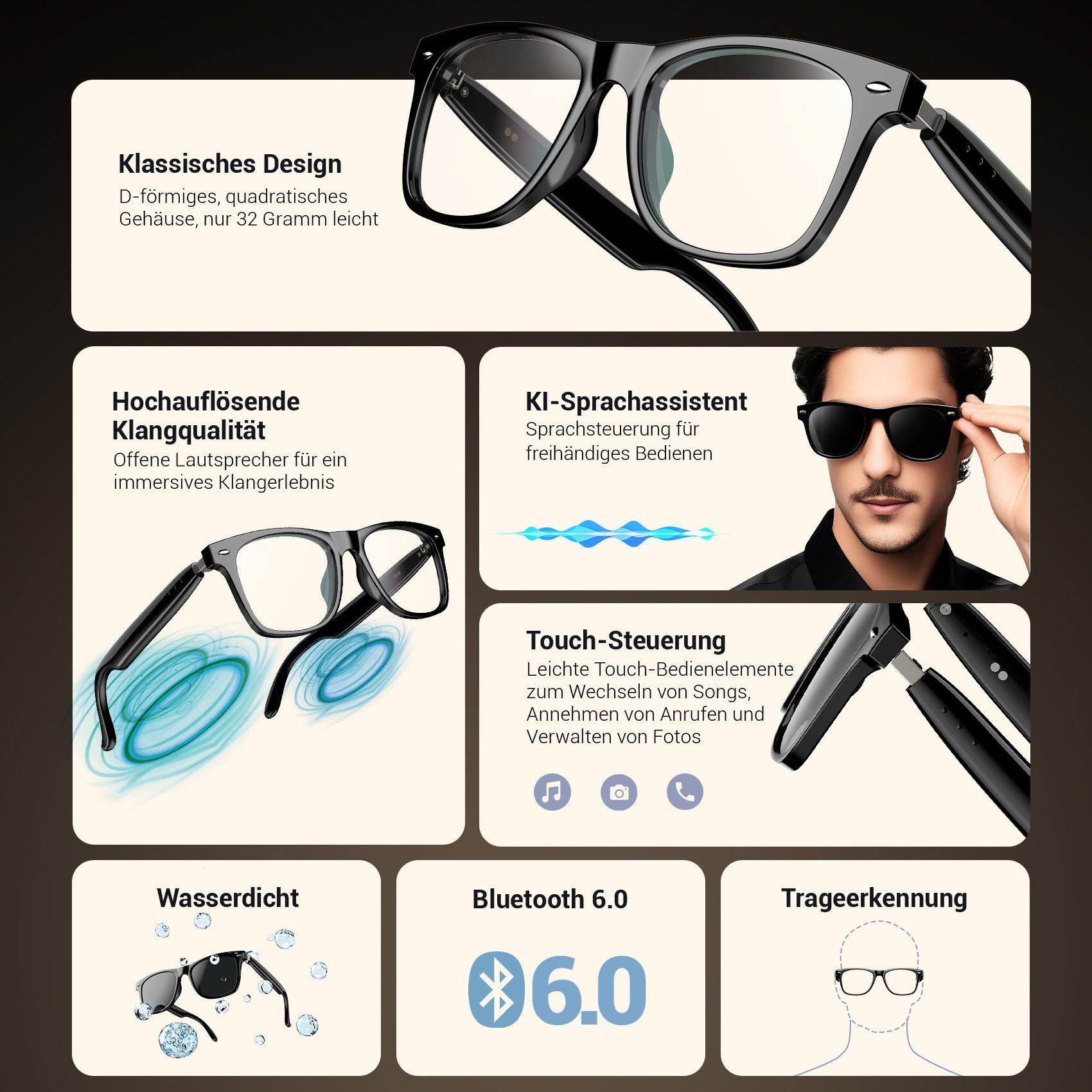 blackview Sonnenbrille Bluetooth Smart Glasses mit Lautsprecher, Sprachsteuerung & UV-Schutz (Set) Sport,Outdoor,Arbeit,Pendeln,Telefonate,Musikgenuss ohne Abschottung