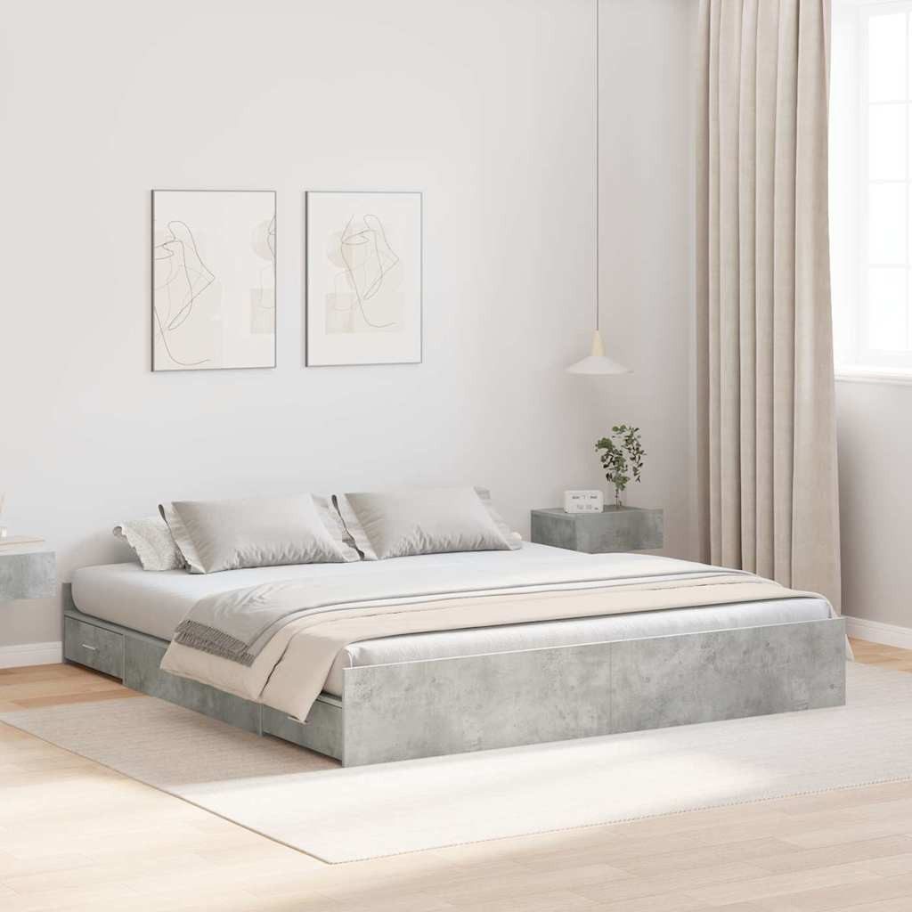furnicato Bettgestell 203 x 180 x 28 cm Beton Grau Massivholz mit Schubladen (1-tlg), Stabiles Doppelbett mit integrierten Schubladen für dein Schlafzimmer