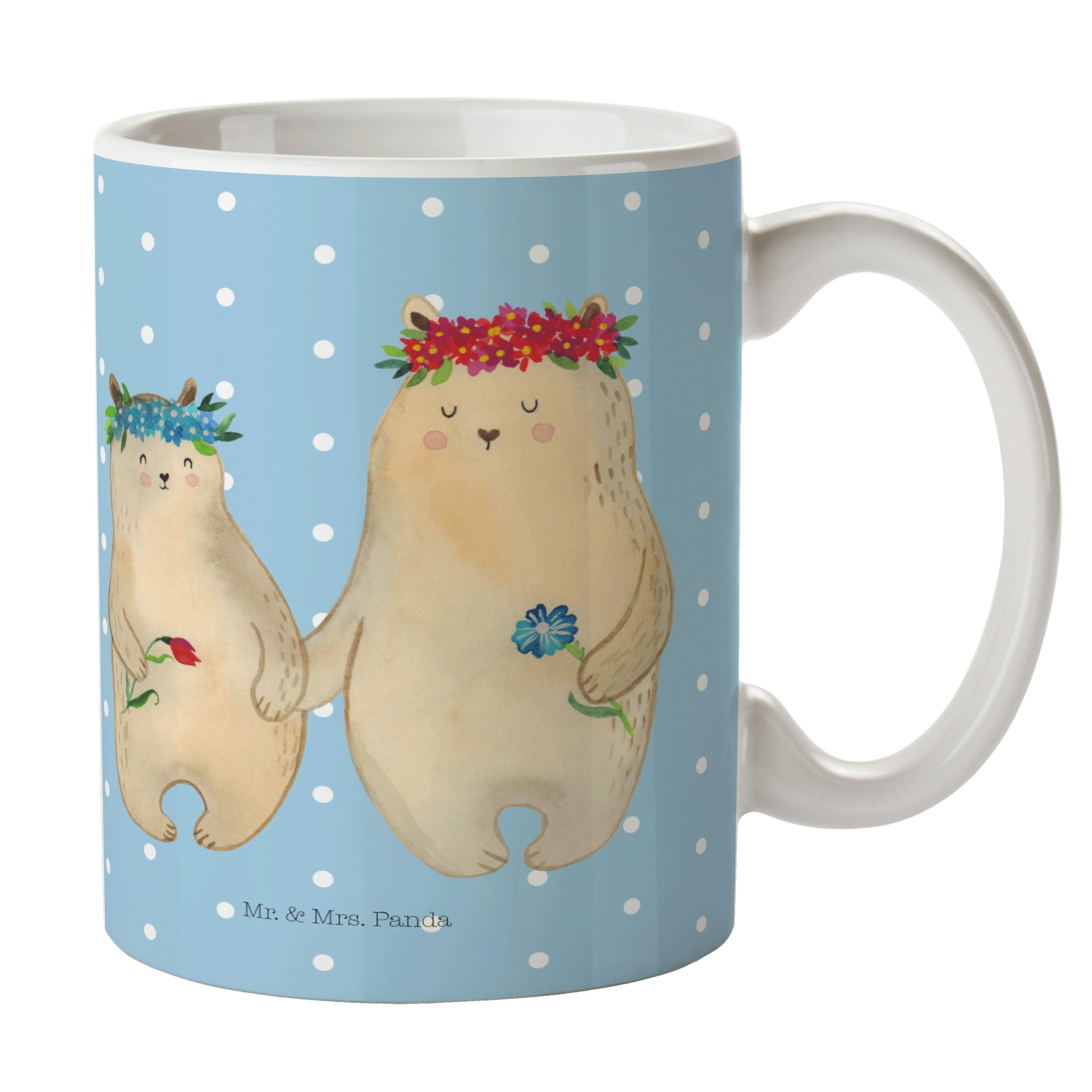 Mr. & Mrs. Panda Tasse Bären mit Blumenkranz - Blau Pastell - Geschenk, Freundinnen, Mama, T, Keramik