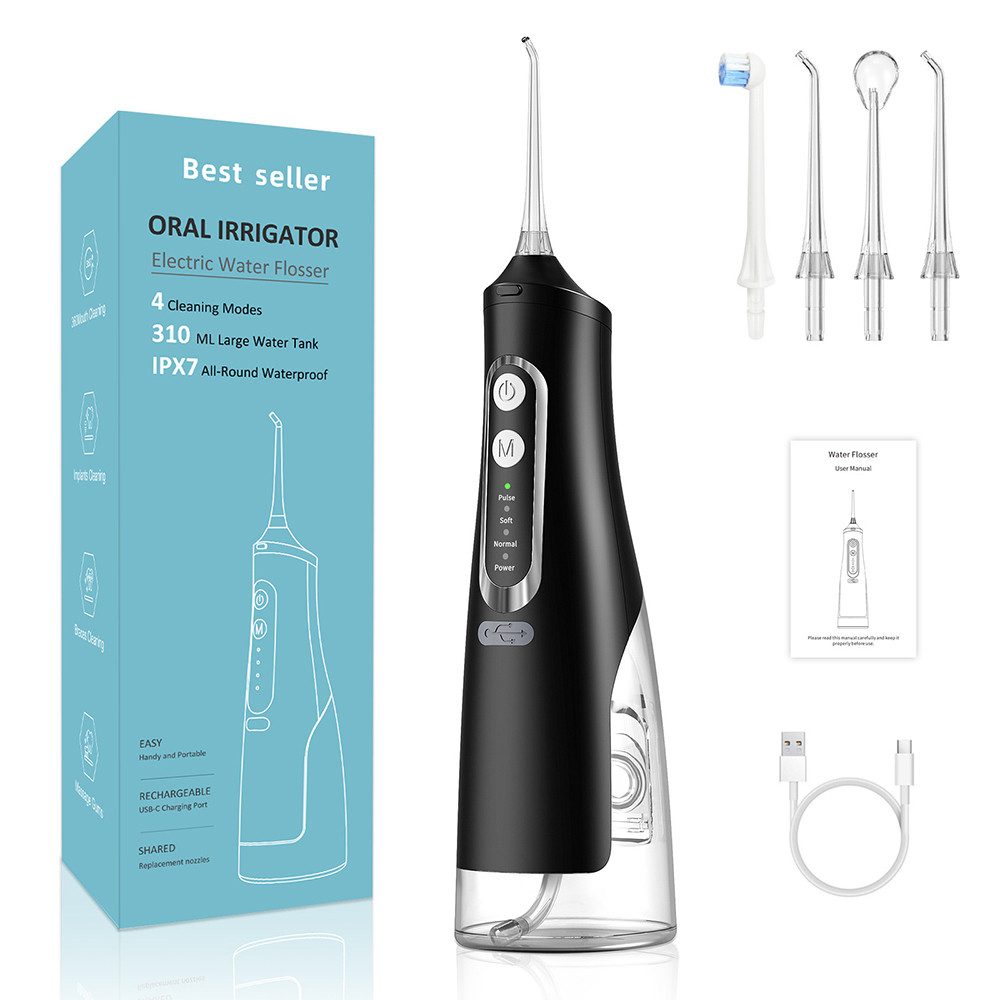 TUWENA Munddusche Leistungsstarke Munddusche Elektrischer Zahnreiniger 4 Modi & 4 Düsen, Wasser Flosser IPX7 Wasserdicht 310ML Abnehmbarer Wassertank