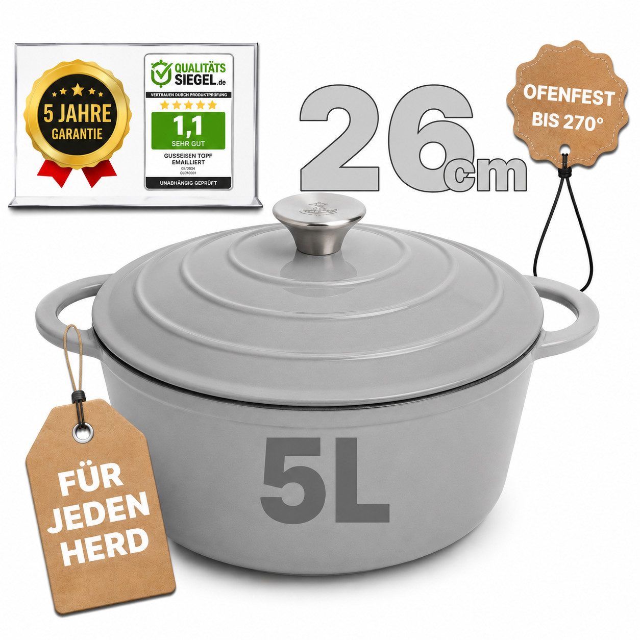 Ottia Schmortopf Gusseisen Topf lc, 26cm groß, 5L, Bräter, Brotbacktopf mit E-Book., Gusseisen, 3-fach Emaille, Händler aus Hamburg