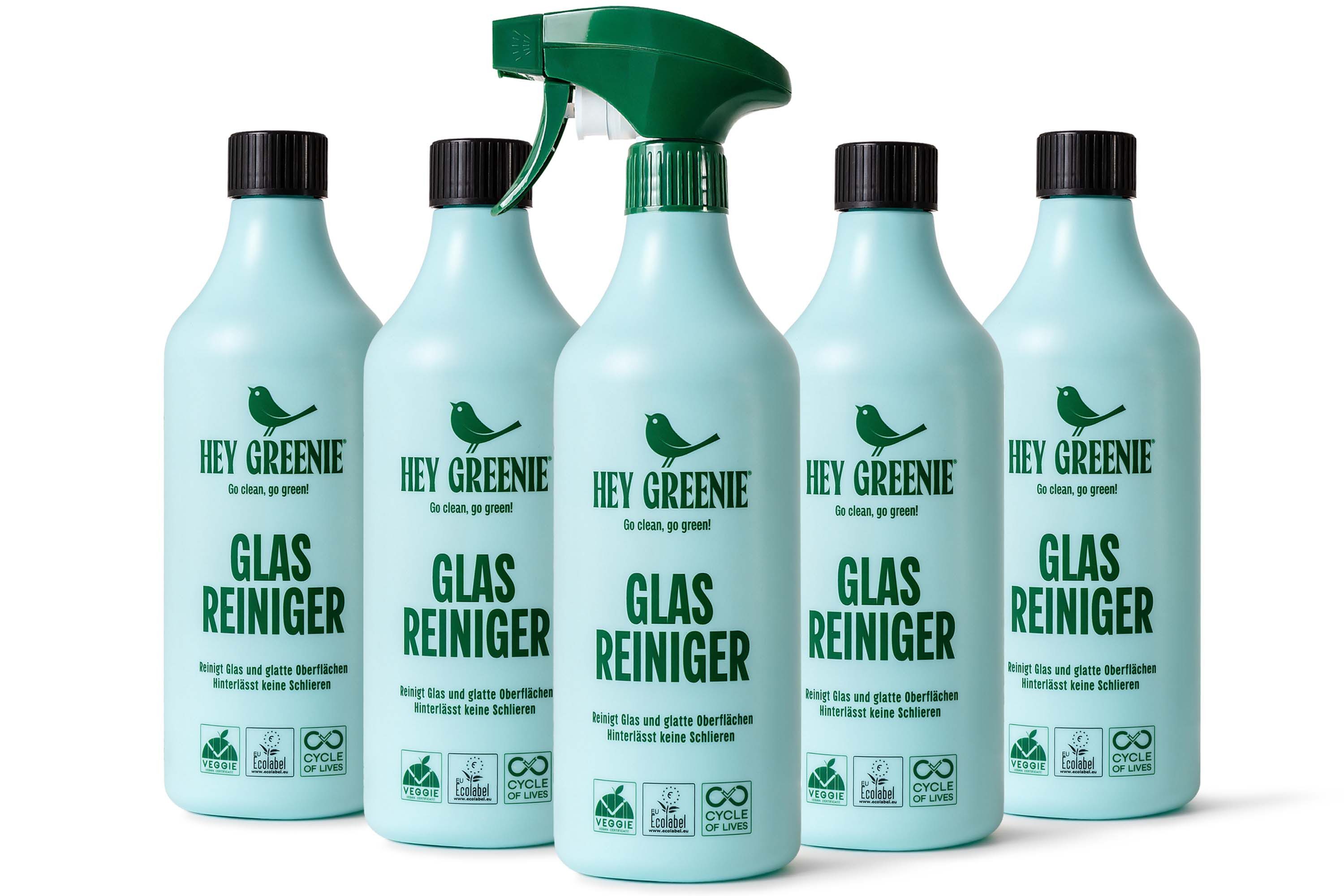 KONSIMO® HEY GREENIE Bio-Glasreiniger-Set, vegane Formel, Made in Germany Glasreiniger (ökologische, vegane Formel, inspiriert vom Duft luxuriöser Parfums, ECO, kompromissloses BIO-Produkt, [5-St)