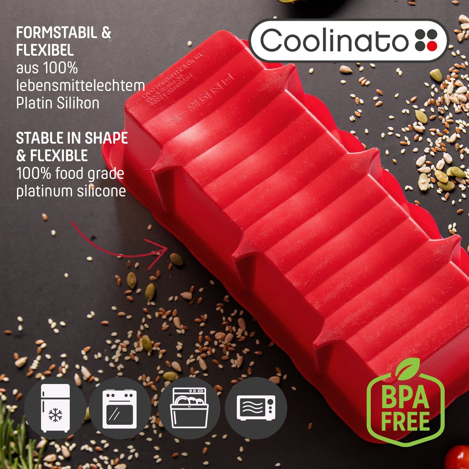 Coolinato Backform Coolinato Silikon Kastenform Set 5tlg, ROT, inkl. Rezepte