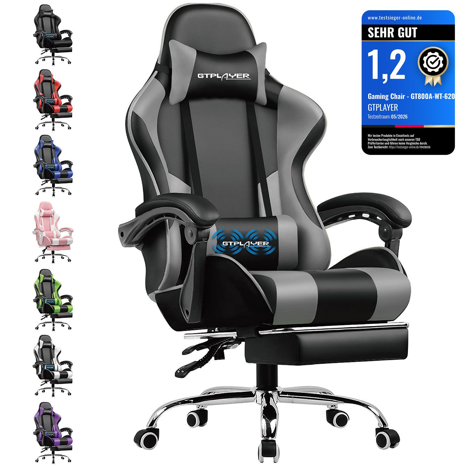 GTPLAYER Gaming-Stuhl Bürostuhl mit Massagefunktion, Fußstütze, Kopfstütze (Packung), Ergonomischer Gamer Stuhl Maximale Belastung 150 kg, 360° drehbar