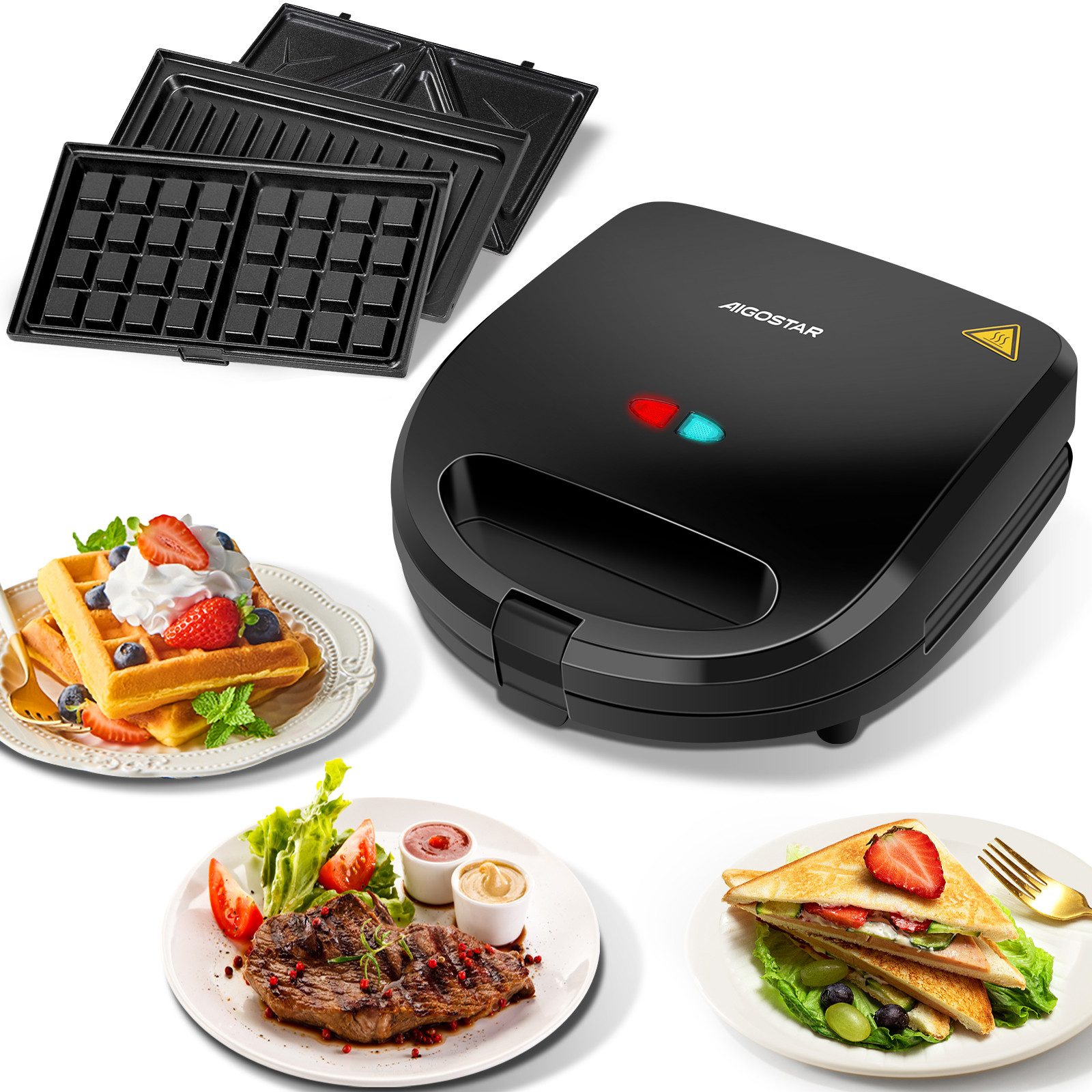 Aigostar 3-in-1-Kombi-Waffeleisen 750 W Sandwichmaker, 3 Austauschbare Platten, Beidseitiges Grillen, 750,00 W, Antihaftbeschichtet, Automatisches Thermostat, Wärmeisolierender Griff